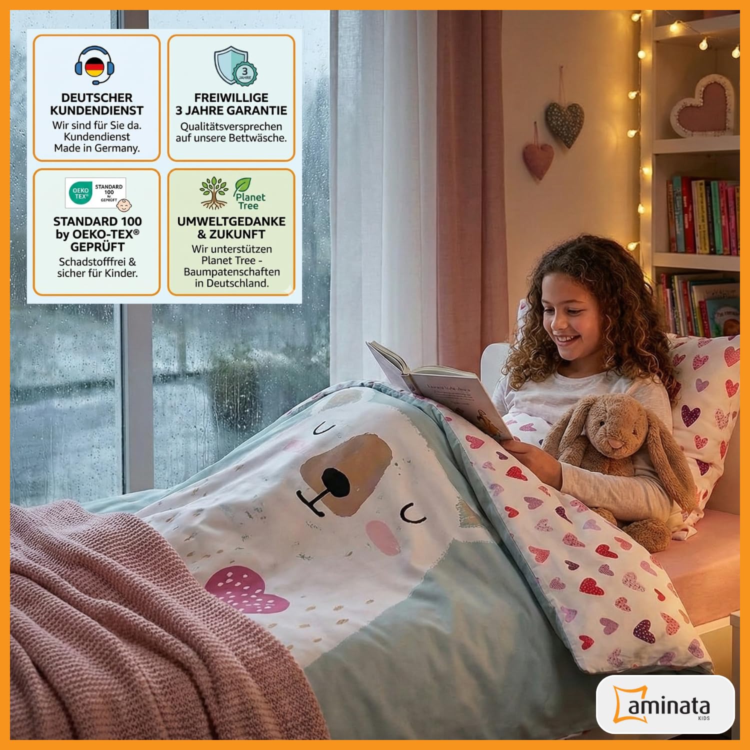 Aminata kids Biber Bettwäsche Bär 135x200 Kinder 100% Baumwolle türkis