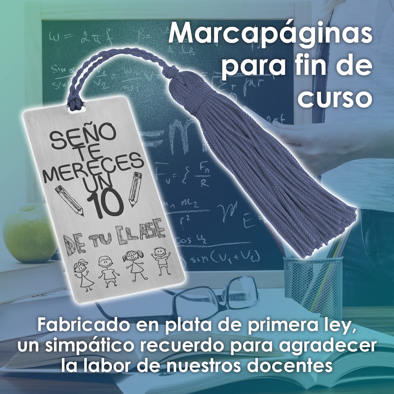 Segnalibro in argento per profes "Ti meriti un 10" con nappone colorato - Regalo per insegnanti - Fine corso (blu, 2 facce)