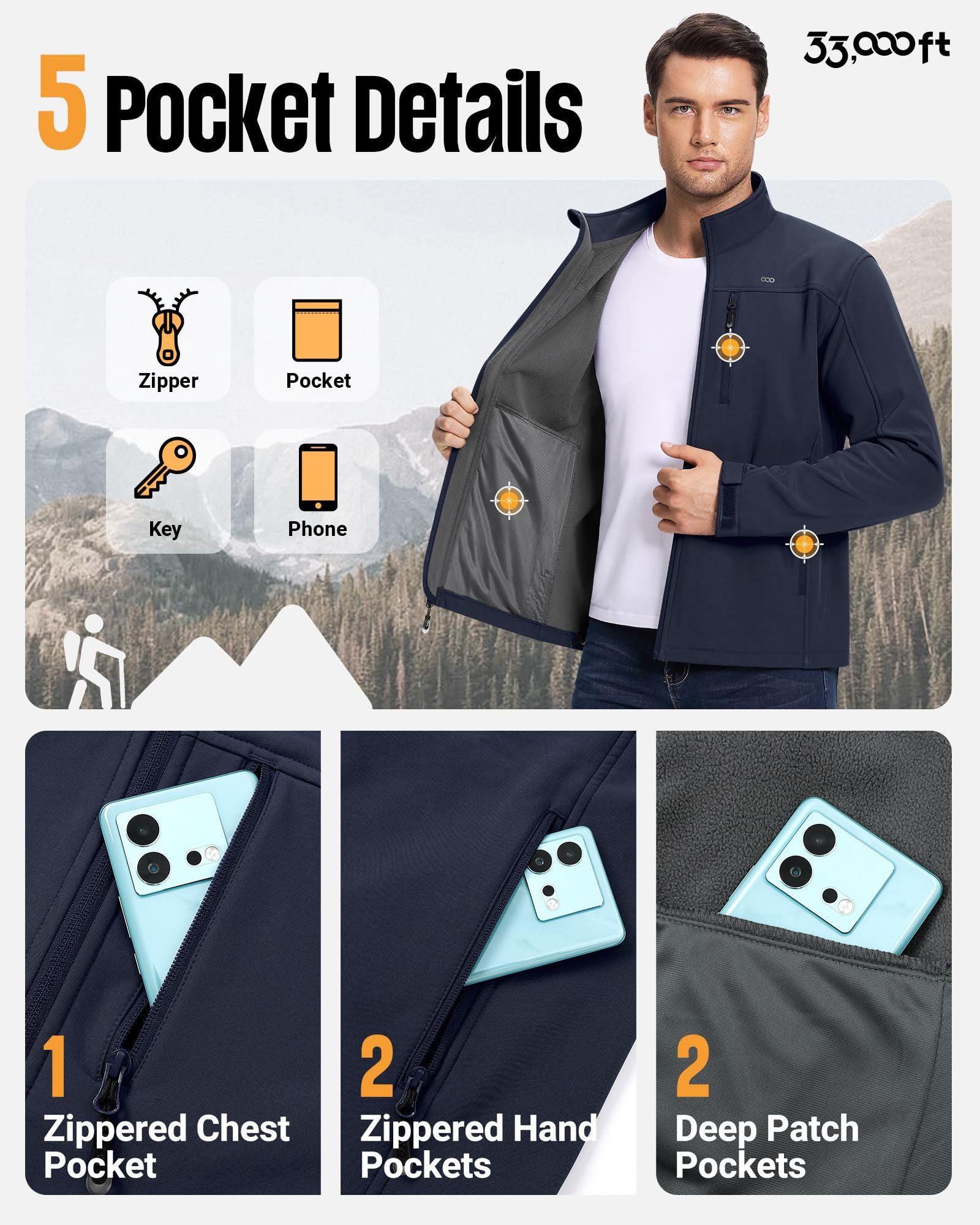 33,000ft Chaquetas impermeables para hombre, con forro polar, chaquetas softshell para hombre, resistentes al viento, para trabajo, senderismo, con bolsillo con cremallera