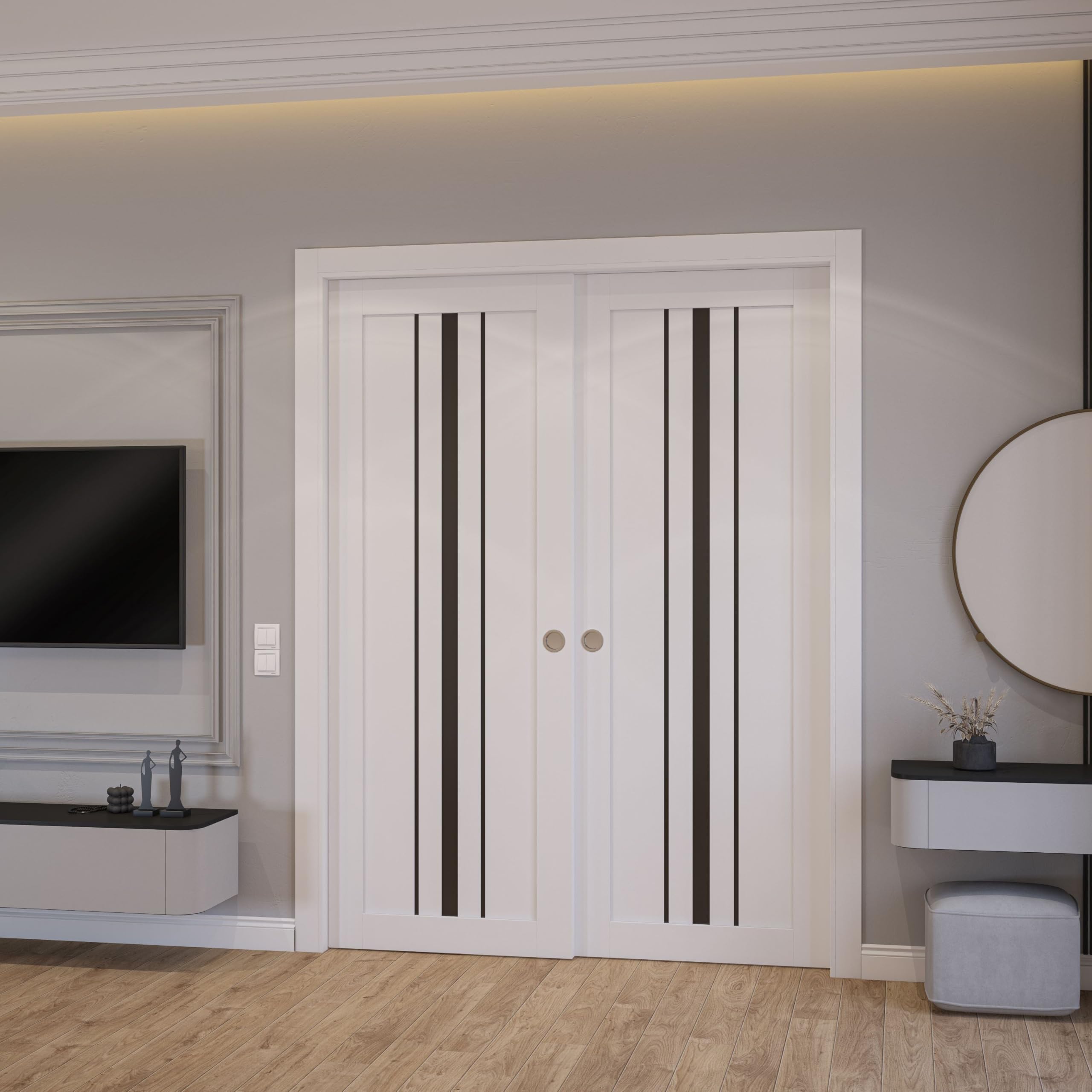 SARTODOORS Sliding Closet Doors 36 x 84 inches | Base 3094 White Closet Bypass Doors | Opaque Glass MDF Modern