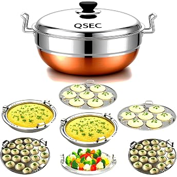 QSEC Edelstahl Idly Cooker Multi Kadai idli und Dhokla Dampfgarer & Momos Kocher mit 7 Tellern 2 Dhokla 1 Momos Multi Utility Kadai