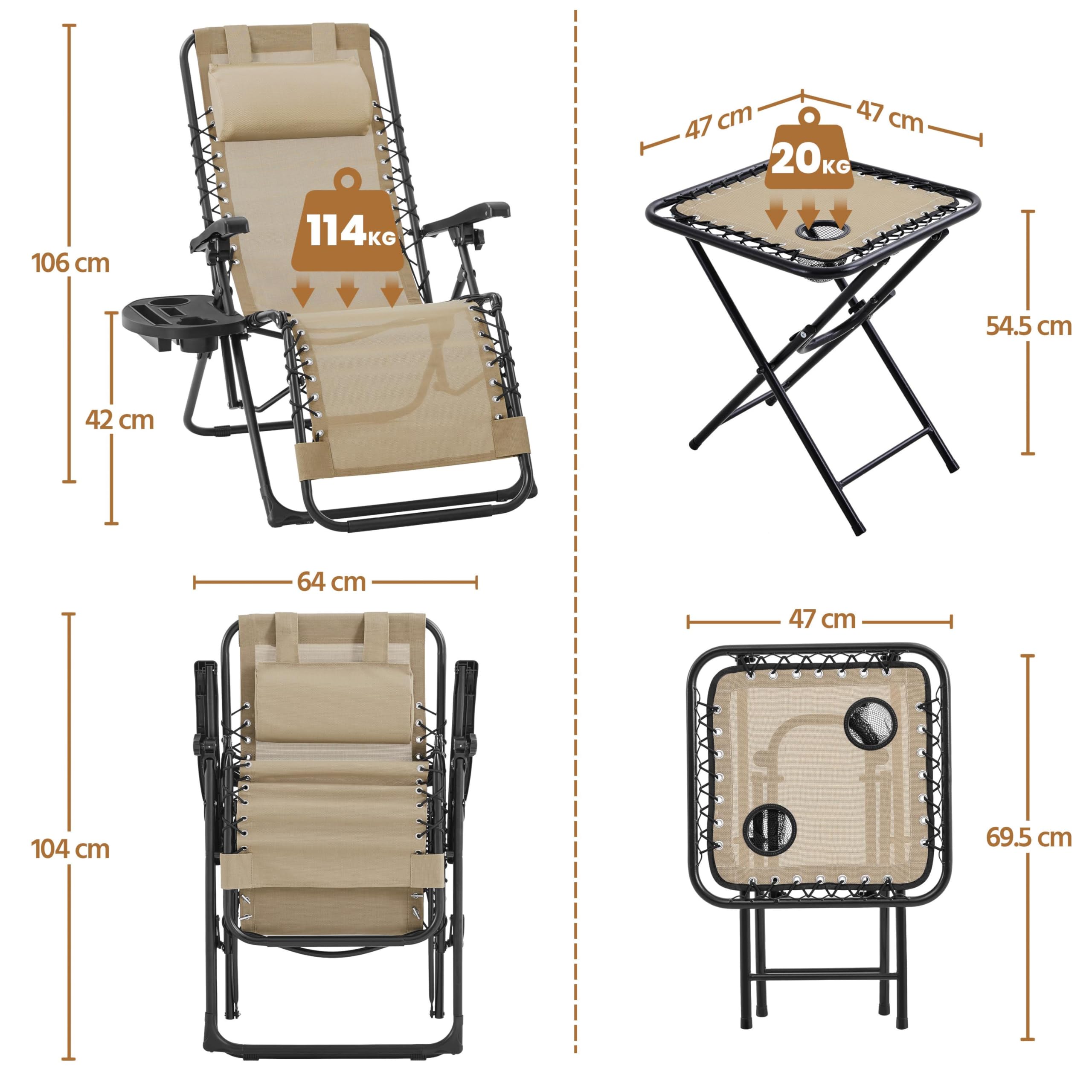 Abician Lot de 2 Chaise Longue Pliable et inclinable, avec Table Pliable Support de Gobelet, Fauteuil Relax Jardin de gravité zéro transat Bain de Soleil, avec Rembourrage de Tête Beige