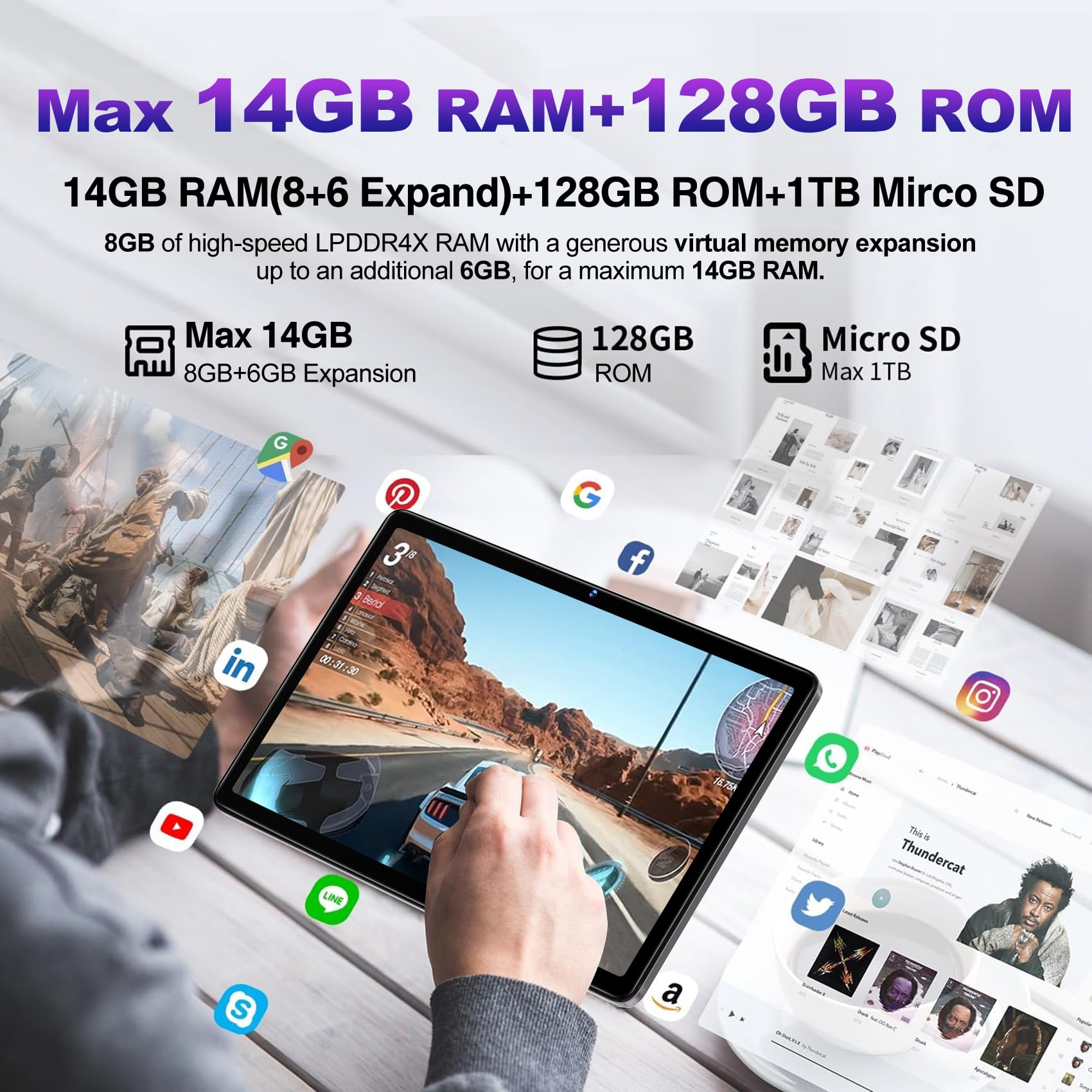 Android 13 Tablet 10 Pollici con 14GB RAM+128GB ROM(1TB Espanso), Octa-Core, WiFi 5G, Fotocamera 8MP+5MP, 8000mAh, Tablet con Tastiera e Mouse, BT5.0/GPS/OTG, Marrone