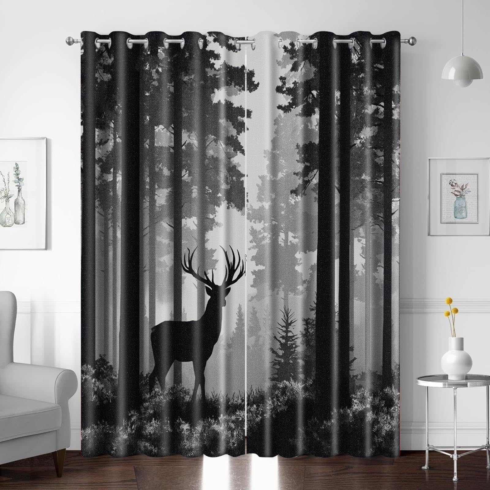 Rideaux occultants thermiques et isolants pour fenêtres avec motif forêt 3D à œillets