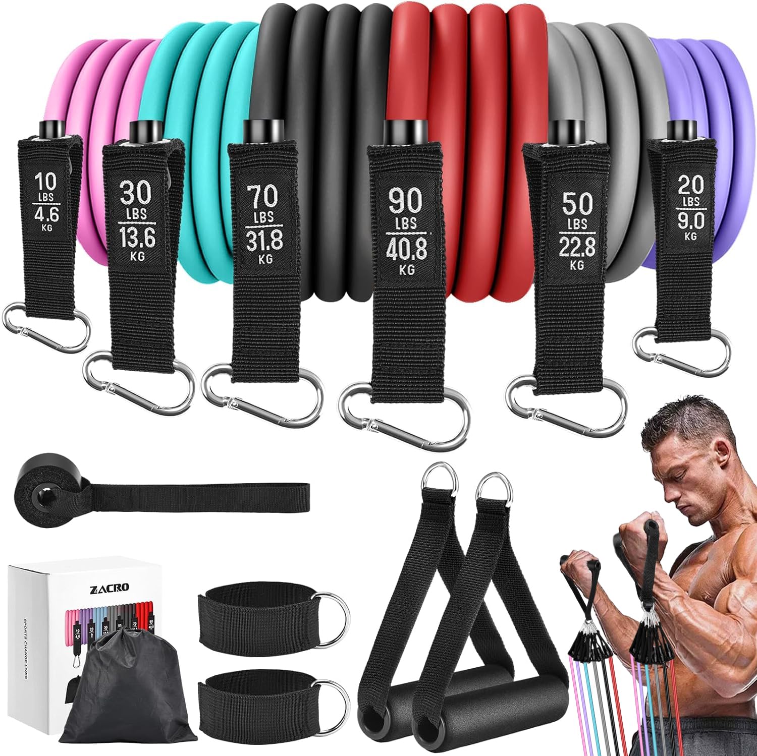 Zacro Resistance Bands for Exercise [Set of 6] 270lbs Fitness Workout Bands with Handles, Door Anchor, Leg Ankle Straps, Storage Bag, Training Poster