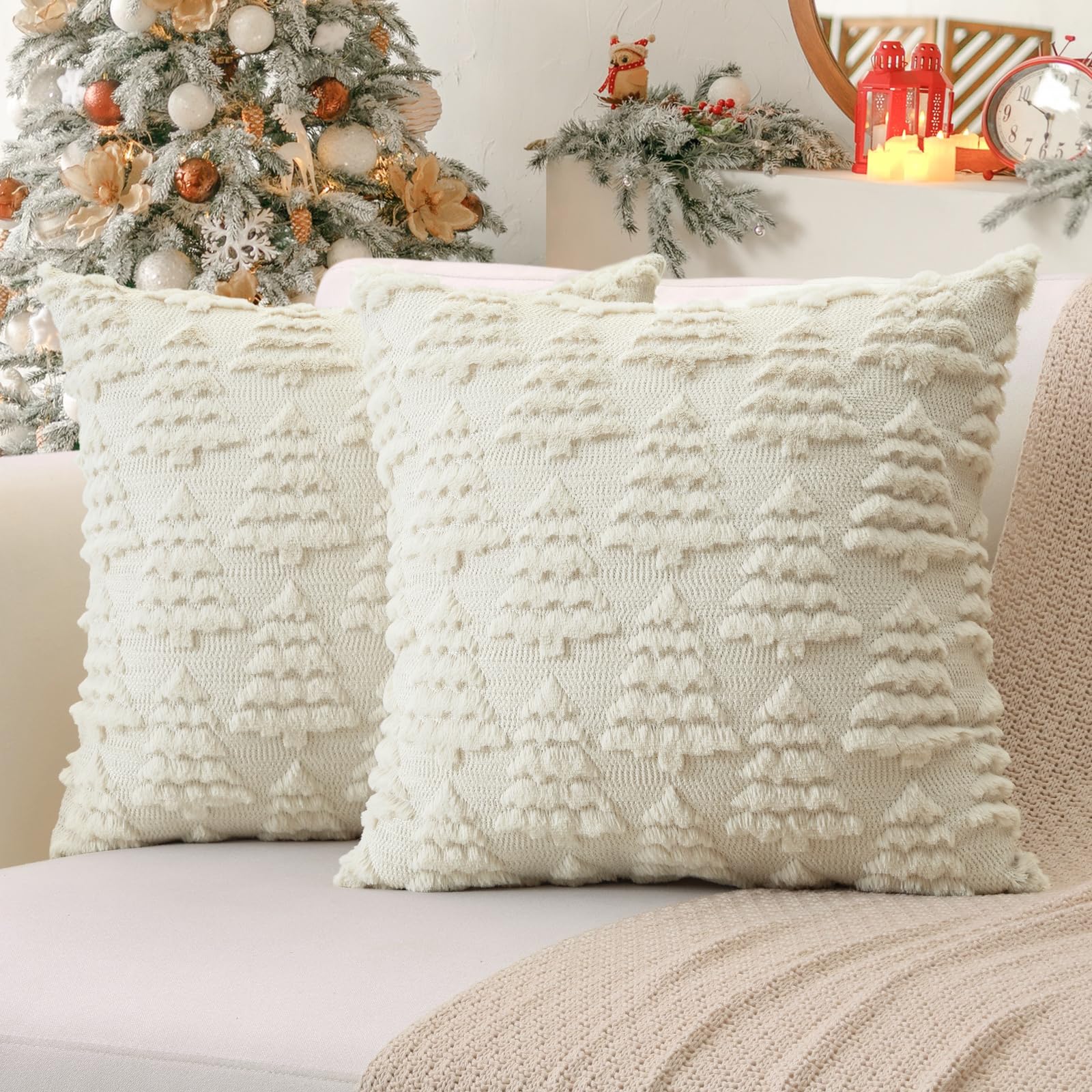 Sungeek Set of 2 Christmas Cushion Covers 50x50 cm, Soft Plush Faux Fur Christmas Tree Winter Holiday Xmas Decorative Square Throw Pillow Cover Cases for Sofa Couch Bed Living Room, Beige โ image 1