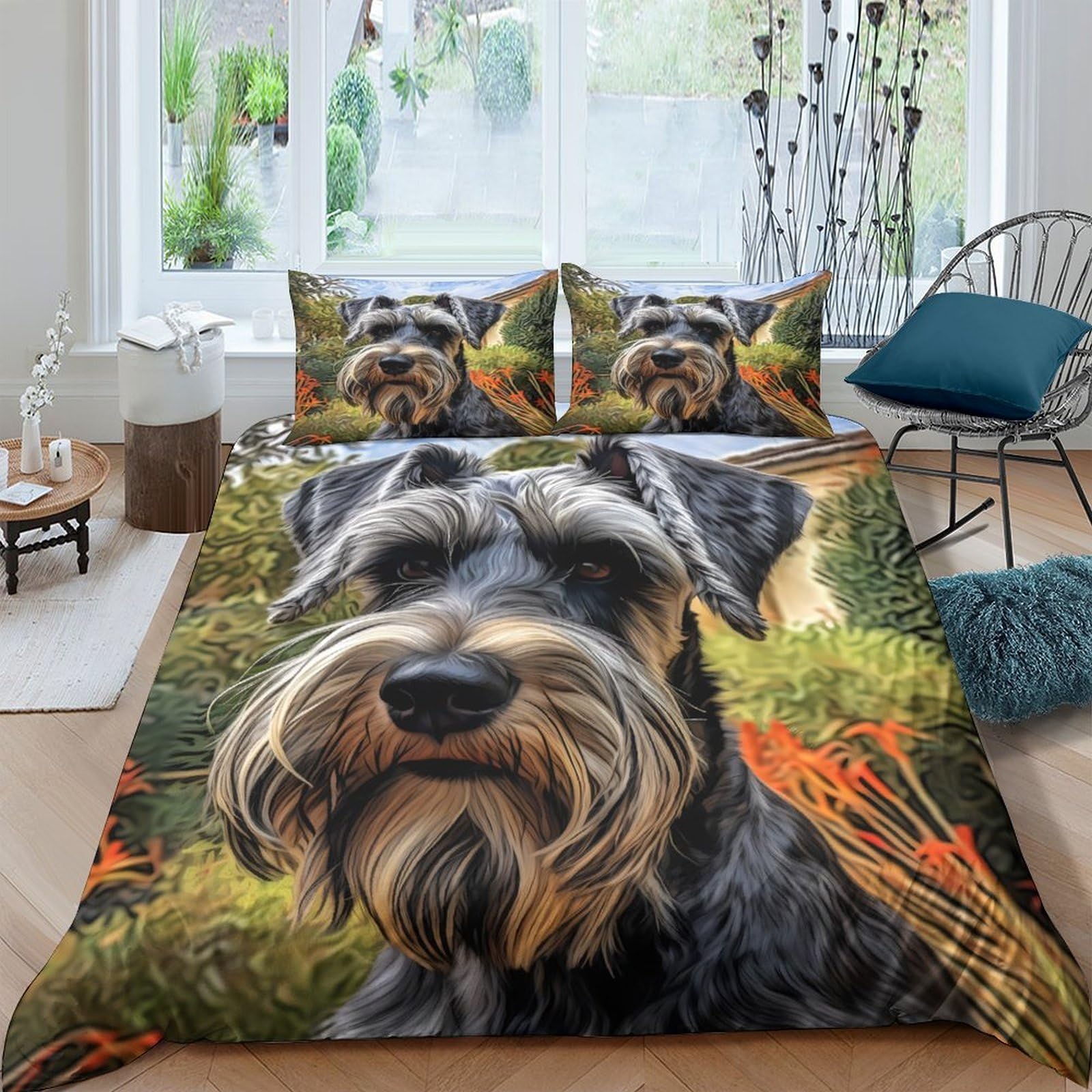 Ctjqhvkz Style-5 3D Printed Schnauzer Dog Fitted Sheet Microfiber Bedroom Decor Lifelike Pet Bed Cover For Home Guest Room Single（135X200cm）