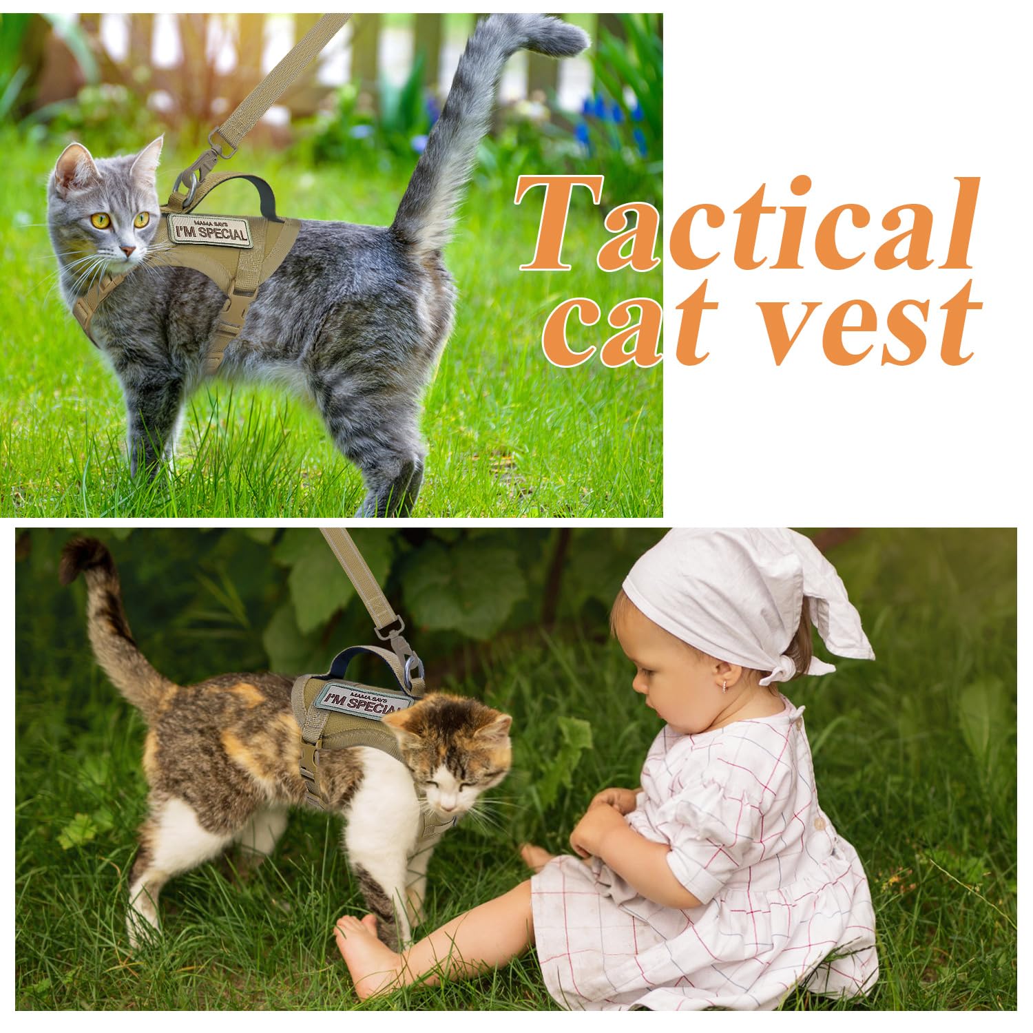 Taktisches Katzengeschirr zum Spazierengehen, ausbruchsicher, weiches Netzgewebe, verstellbar, Haustierweste, Geschirr für große Katzen, kleine Hunde und Khaki (Khaki, Medium)