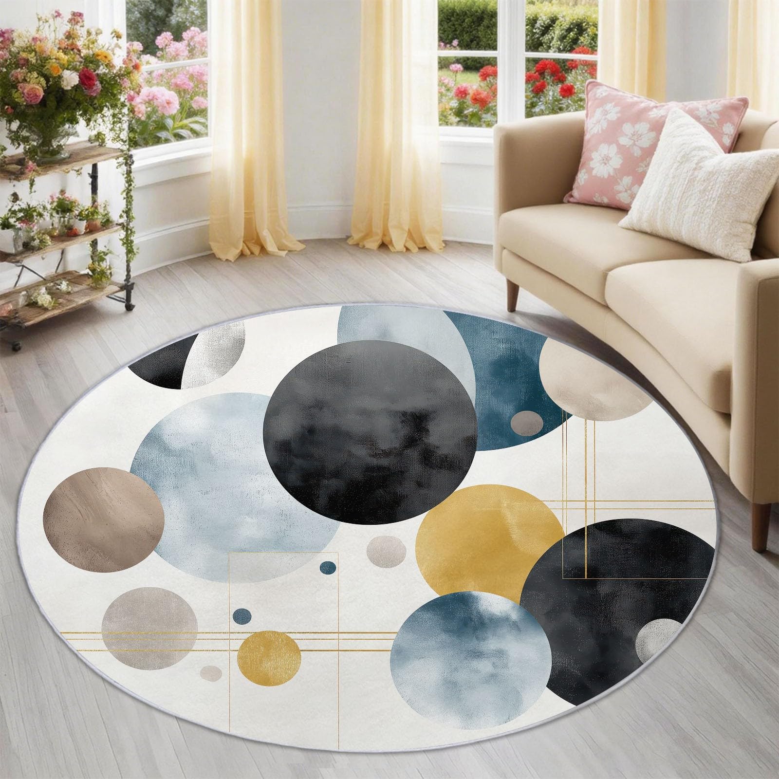 Geometrisch Kreise Waschbar Teppich Rund 120 cm, Weich & rutschfest Teppiche Wohnzimmer, Modern Minimalistisch Abstrakt Kurzflor Teppich for Schlafzimmer, Beige