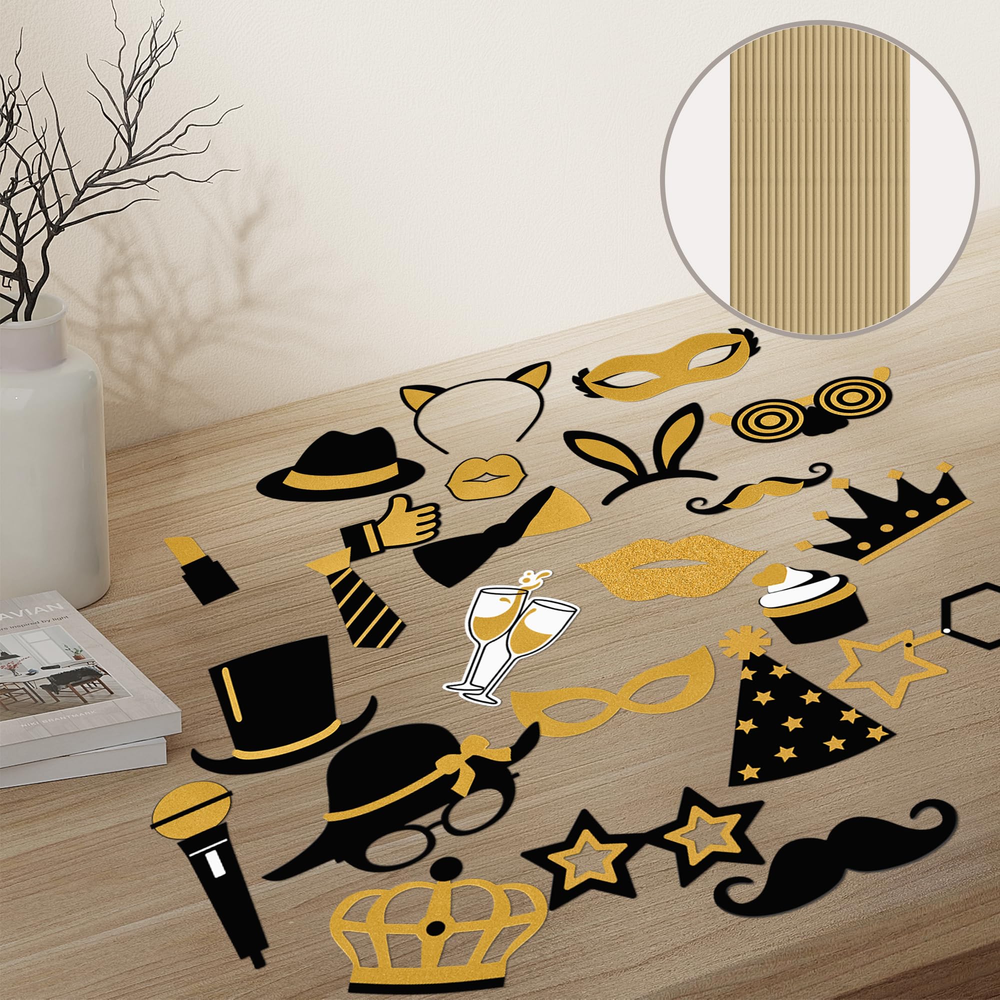 24 Accessoires Photobooth – Pour Anniversaire, Mariage, Fête – En Papier Qualité – Moustaches, Cœurs, Chapeaux… (Doré)