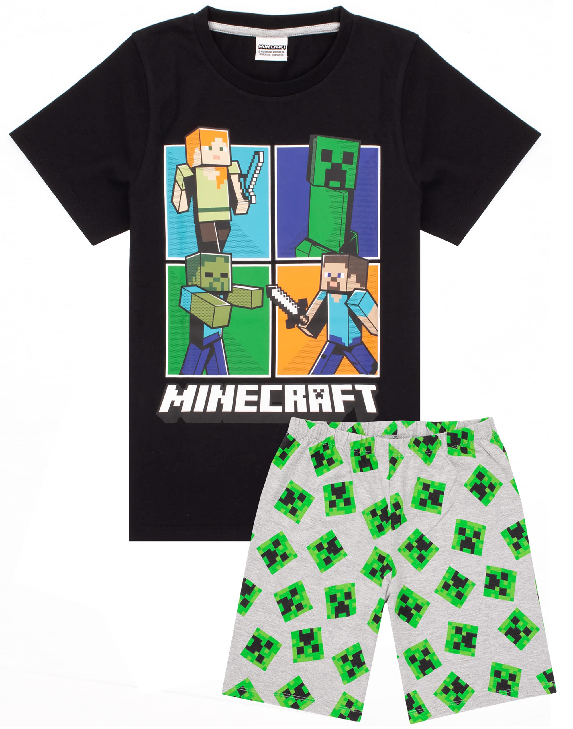 MinecraftPyjamas For Boys | Kids 4 Style Options | Creeper Steve Alex Zombie Characters Gamer T-Shirt | Childrens Short PJs Set Merchandise Gifts