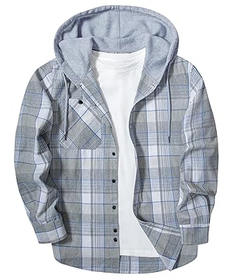 ZITY Men's Flannel Hoodie Shirts Casual Button Down Plaid Shirt Jackets for Men Long Sleeve Stylish Hooded with Pocket