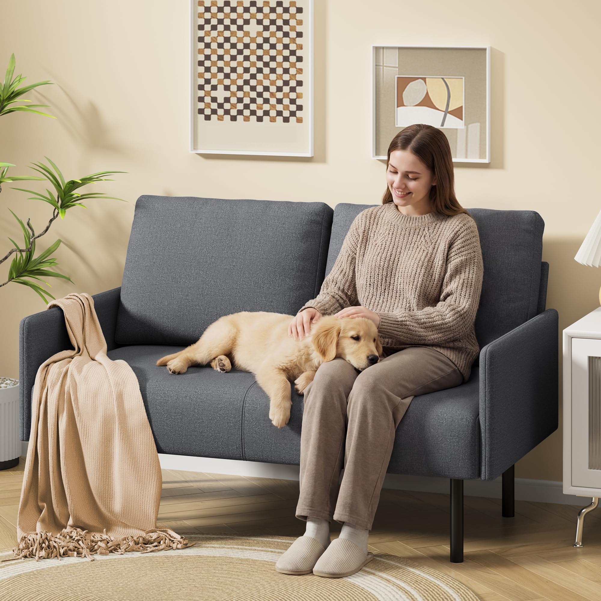 Sofá de Terciopelo de Rizo, Sofá Doble Ergonómico，Gris Oscuro | Espuma elástica relleno, armazón metálico reforzado, diseño minimalista versátil， Ideal para salones pequeños, apartamentos