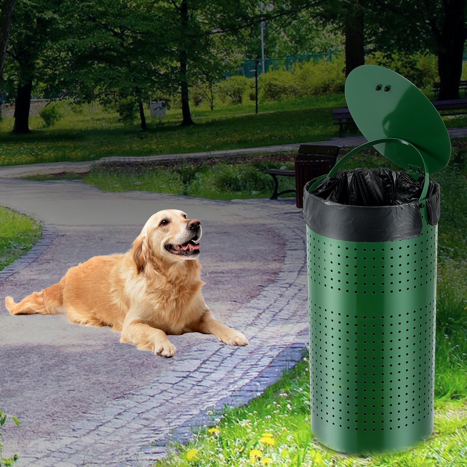 VEVOR Bote de Basura para Excrementos de Perro de 43 L con 50 Bolsas de Revestimiento, Tapa y Clip de Revestimiento para Contenedor de Eliminación de Desechos de Mascota para Jardín, Patio, Parque