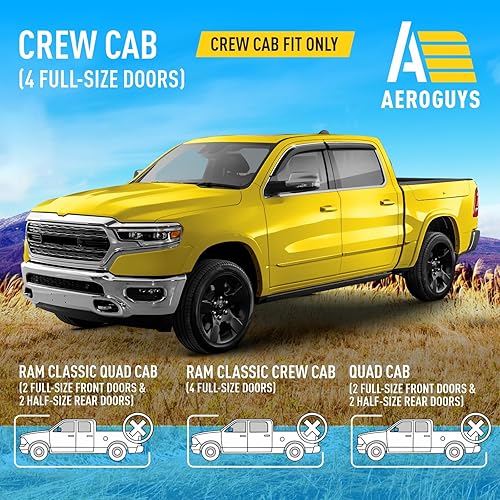 Miniatura 3 de AEROGUYS Deflectores de ventana con cinta extra duraderos, protectores de lluvia aptos para Dodge Ram 1500 2019-2023 Crew Cab, borde cromado,