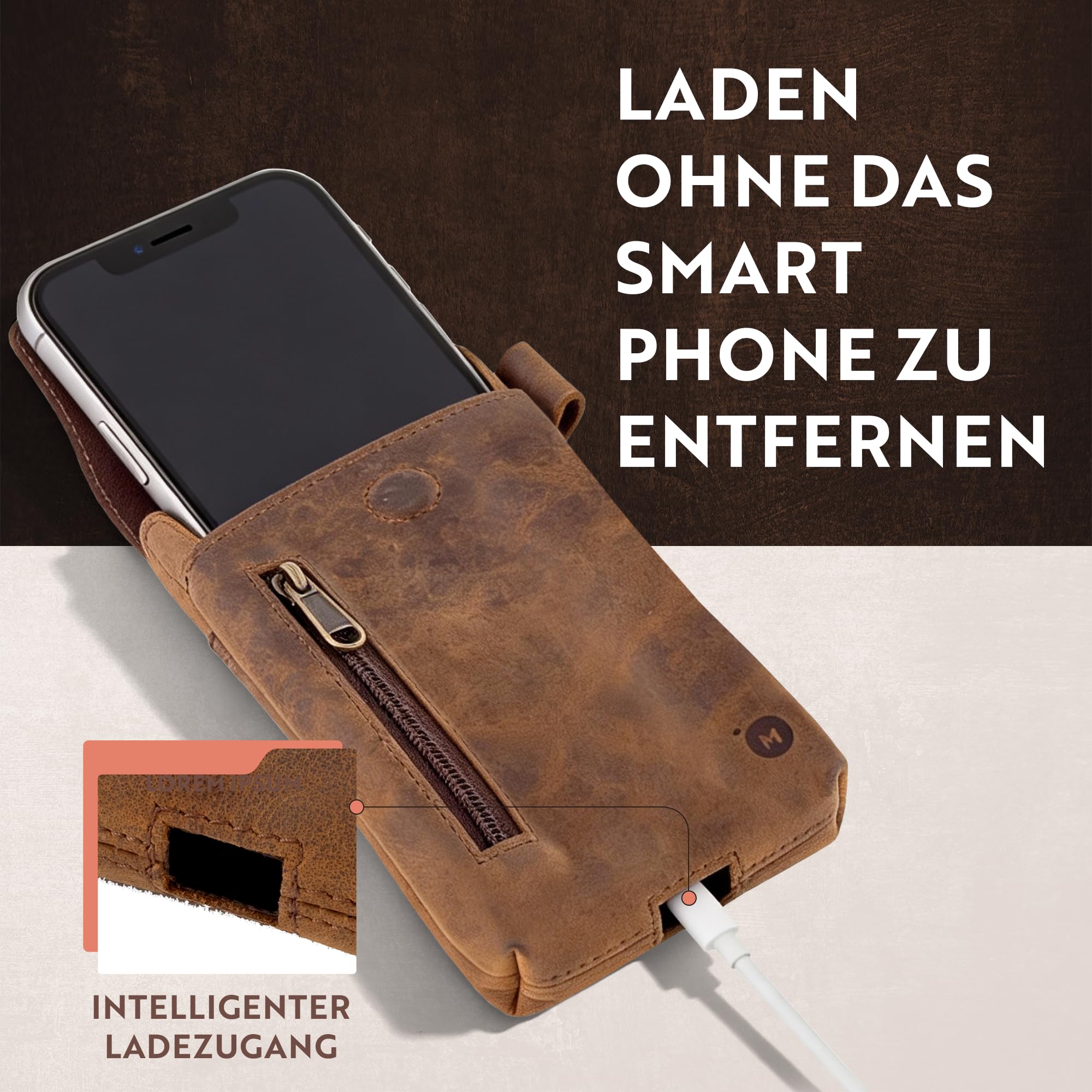 Moonster Handy Gürteltasche Herren Leder – aus Echtem Büffelleder – 19cm x 8cm Handy Leder Herren für Große Smartphones – Sichere & Langlebige Tabaktasch