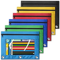 V-Opitos Pencil Pouch for 3 Ring Binder, Bulk 6 Pack 3-Holes Zipper Pencil Pouches in Assorted Colors, Sturdy and Durable Cloth Pencil Case with Clear Window for Office School College Supplies