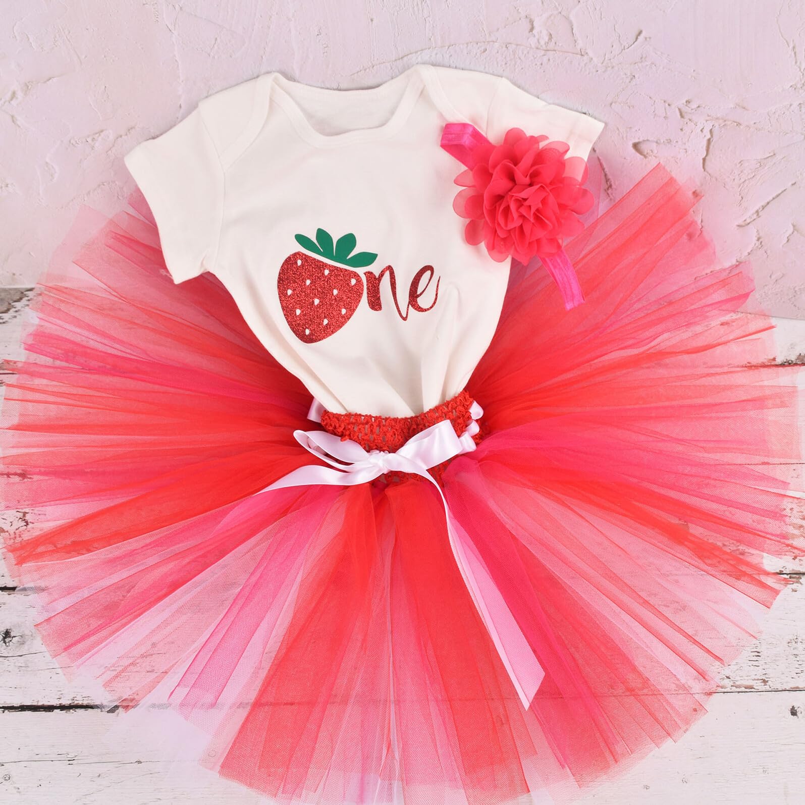 Mädchen Erdbeer Kinderrock Kleidungsset 3 Stück mit Tüllrock 12–18 Monate Atmungsaktives Foto und Partyoutfit Hautfreundlich und Bequem