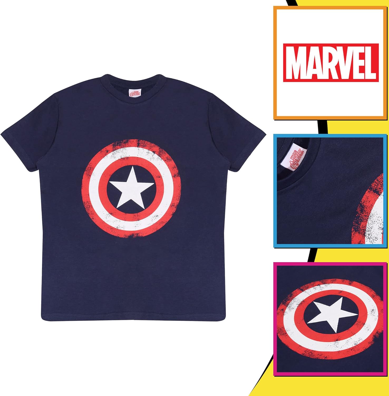 Popgear Marvel Avengers Assemble Captain America Distressed Shield Boys T- Shirt Camisetas de Moda, Navy, 5-6 Years para Niños