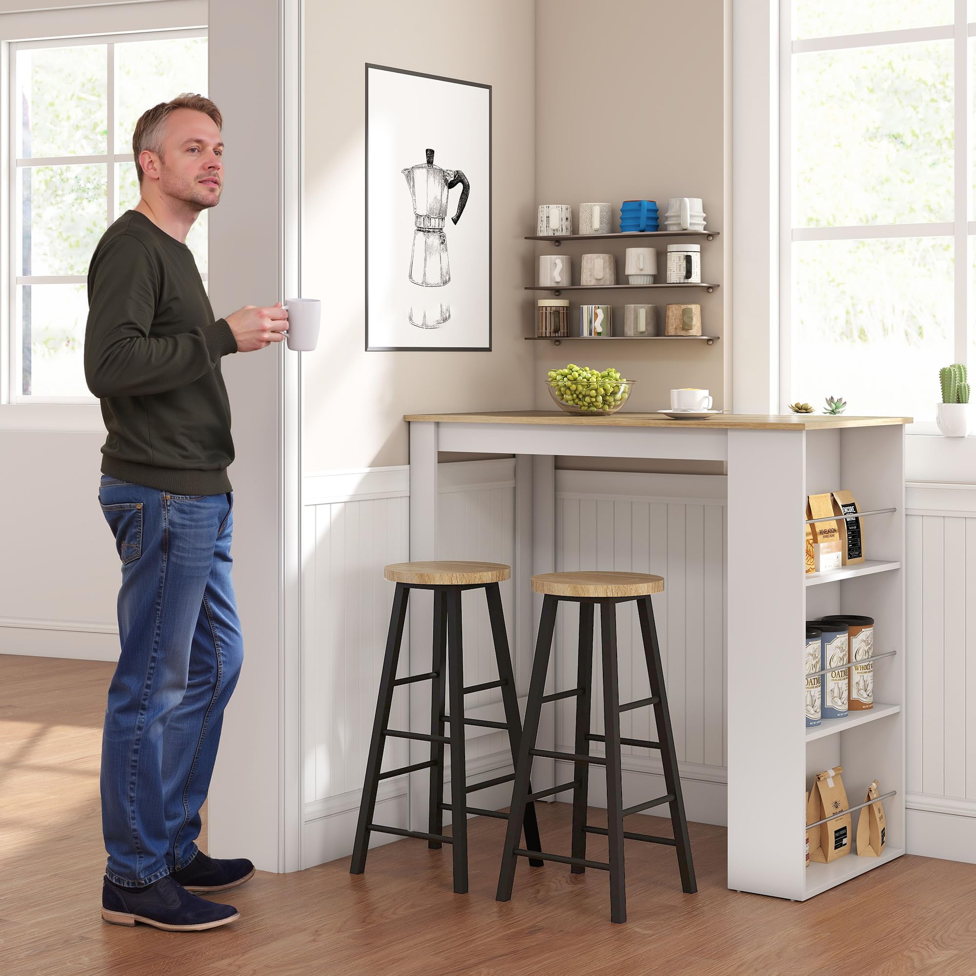 HOMCOM Table de Bar Table Haute de Cuisine Mange-Debout comptoir - dim. 112L x 57l x 106H cm - 3 étagères - Aspect chêne Clair Blanc