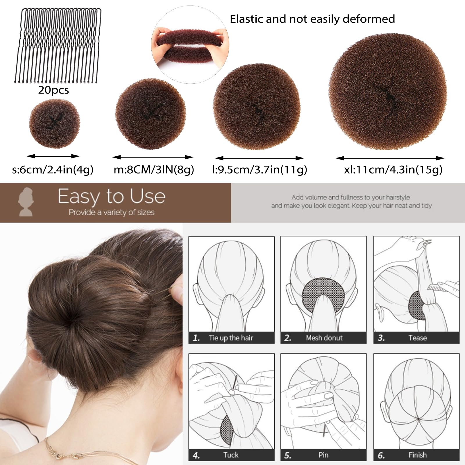 Donut de Pelo 30 PCS, Accesorios de Peinado, Moño de Pelo DIY Set para Bailarines