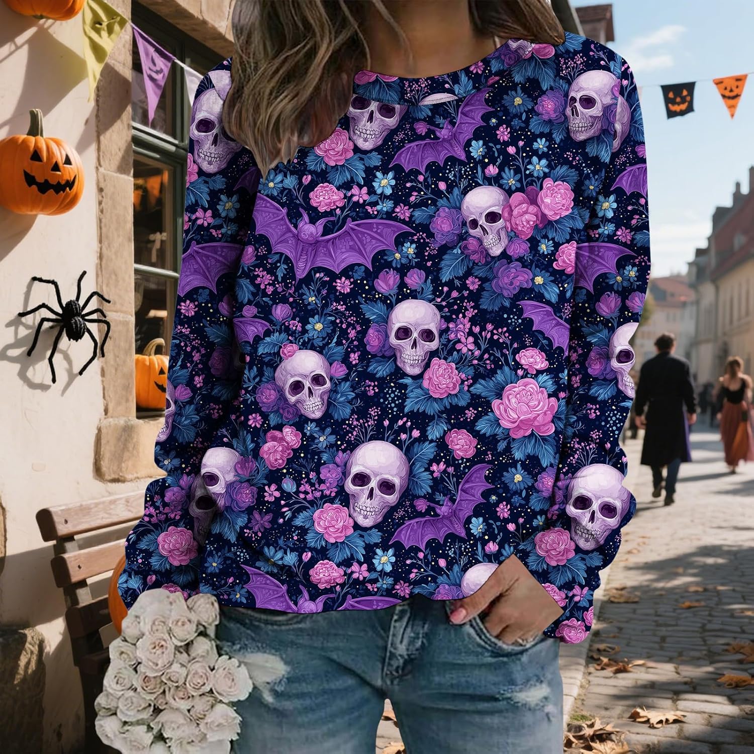 LIZALIG Pullover Cute Sweatshirt Orange Skeleton Fall Festive FunWomens Design Bat Holiday Party Outings Pumpkin Print - Image 2