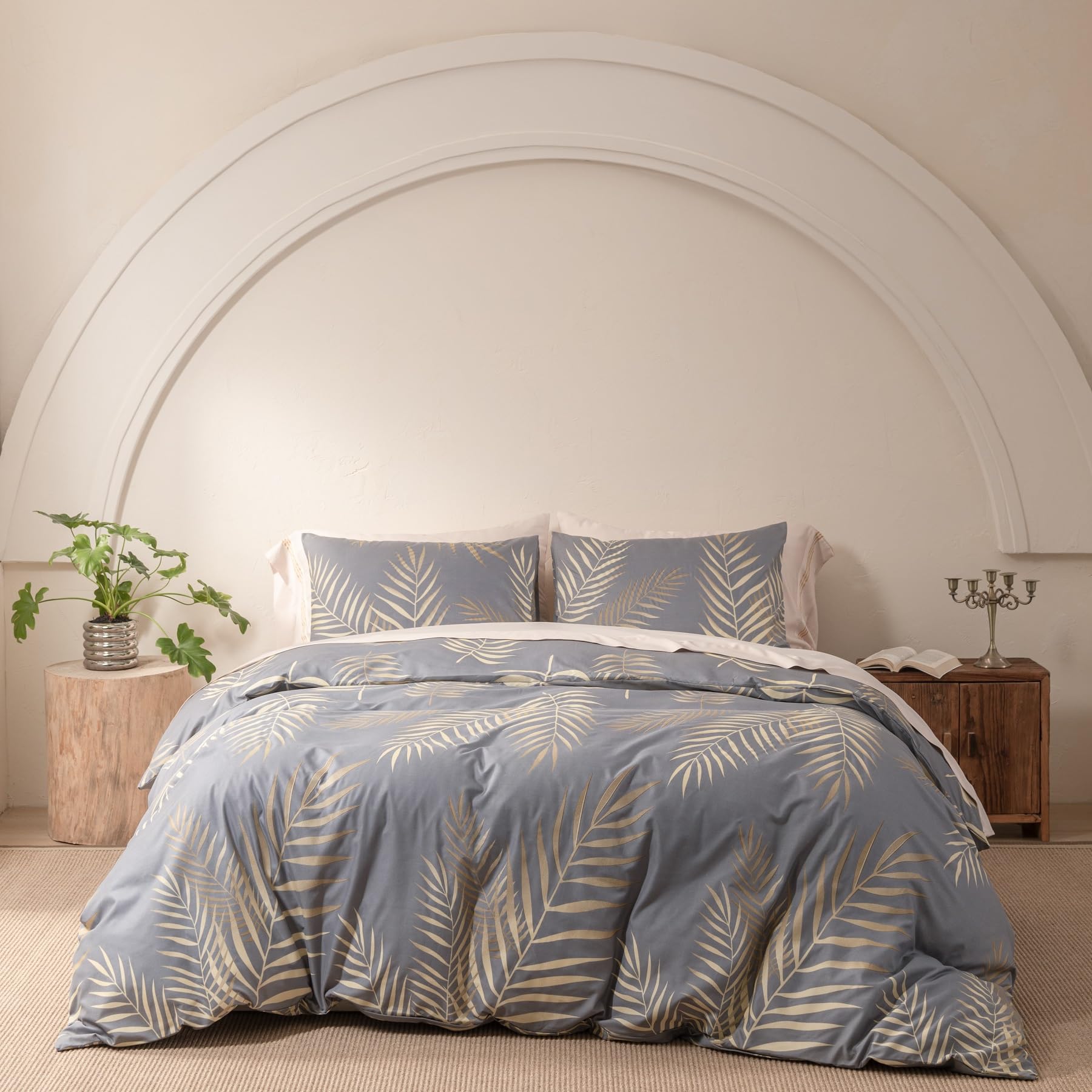 Funda nórdica de 240 x 260 cm, hojas de palmera tropicales con motivo dorado gris, juego de ropa de cama de microfibra suave para 2 personas adultas con cremallera y fundas de almohada de 65 x