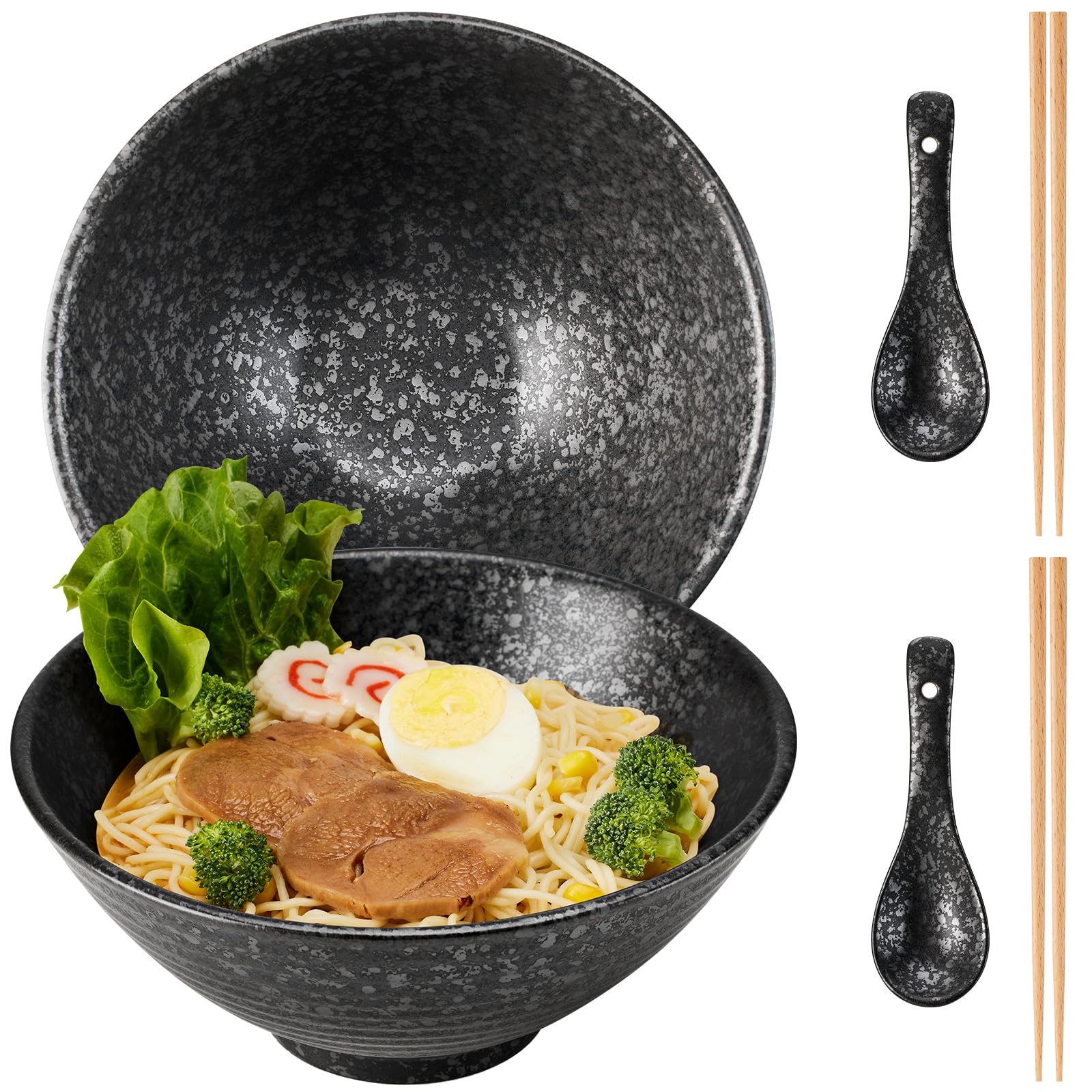 Japanese Ramen Bowl Set 2PCS, 40oz Large Ceramic Noodle Bowls with Chopsticks and Spoons for Pho, Udon, Rice, Pasta – Microwave & Dishwasher Safe (Black(2 pieces))