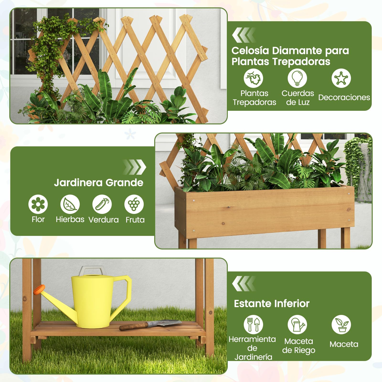 COSTWAY Huerto Urbano Elevado de Madera con Enrejado, Cama de Jardín Elevado Móvil con Ruedas Bloqueables, Forro de Tela, Jardinera de Plantas para Interiores y Exteriores, 90 x 29 x 129 cm