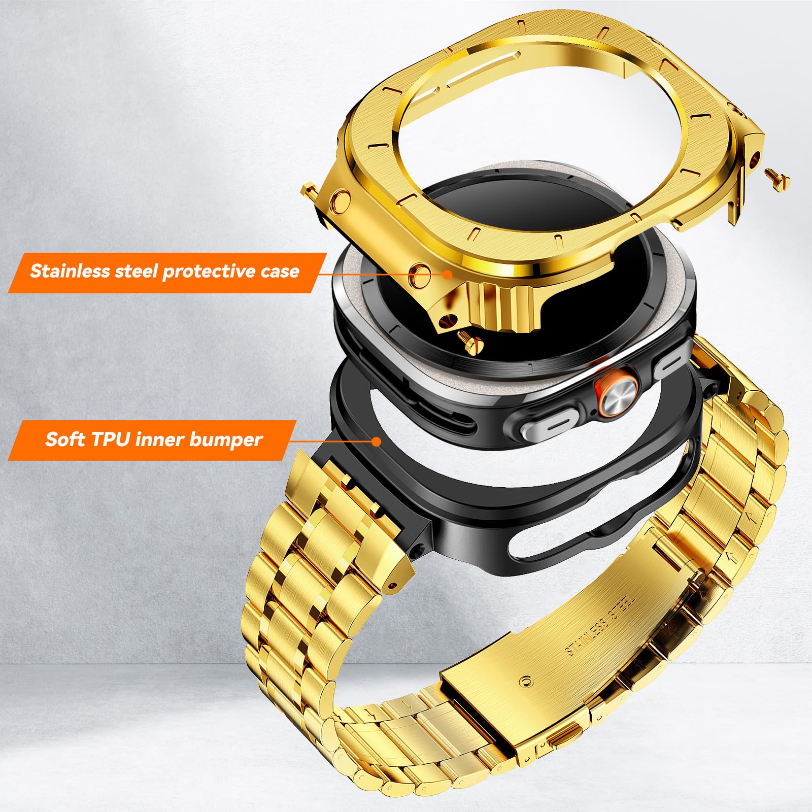 Paski ze stali nierdzewnej z obudową, kompatybilne z Samsung Galaxy Watch Ultra 47 mm, wytrzymałe etui ochronne i metalowy pasek do zegarka Samsung Galaxy Watch 7 Ultra, dla mężczyzn