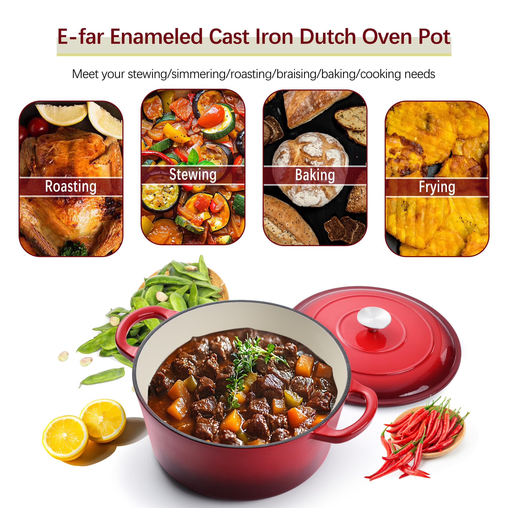 E-far Forno olandese smaltato 7QT, pentola rotonda in ghisa olandese con coperchio per cuocere pane/brasare/arrostire/stufare, pentole antiaderenti resistenti sicure per induzione e forno, rosso