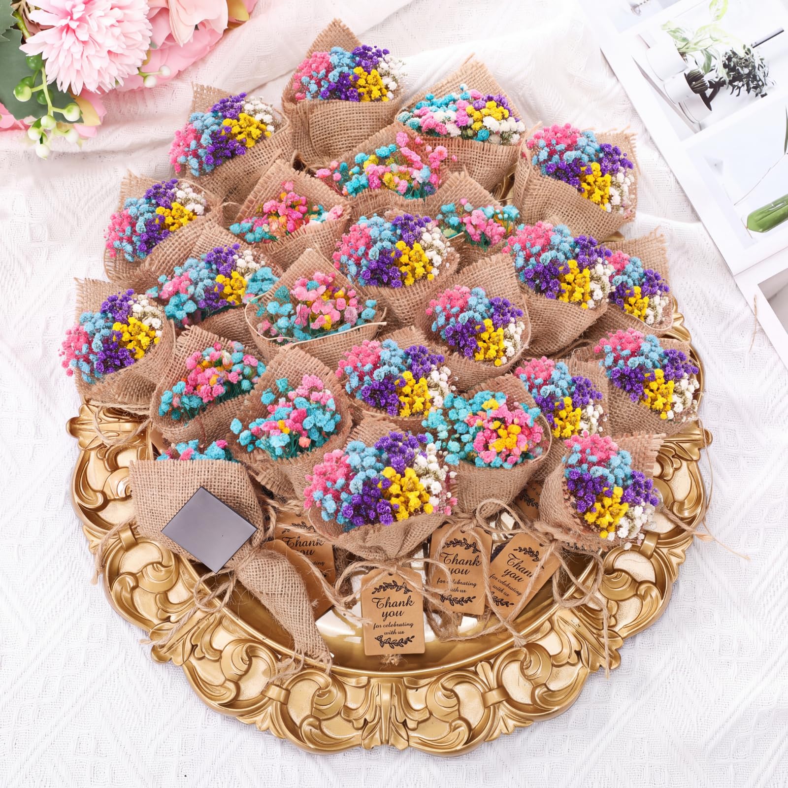 Kingdder Lot de 24 mini bouquets de fleurs séchées magnétiques pour invités - Style rustique - Pour fête prénuptiale - Cadeau de remerciement - Souvenir de mariage - Couleurs mélangées