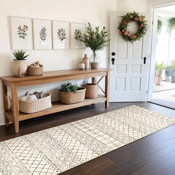 BYYVOO 2'6"x8' Washable Hallway Runner Rug - Moroccan Kitchen Non Slip Rug Low Pile Floor Carpet with Rubber Backing Vintage Indoor Mats for Living Room Bedroom Laundry 2'6"x8' Geo Beige