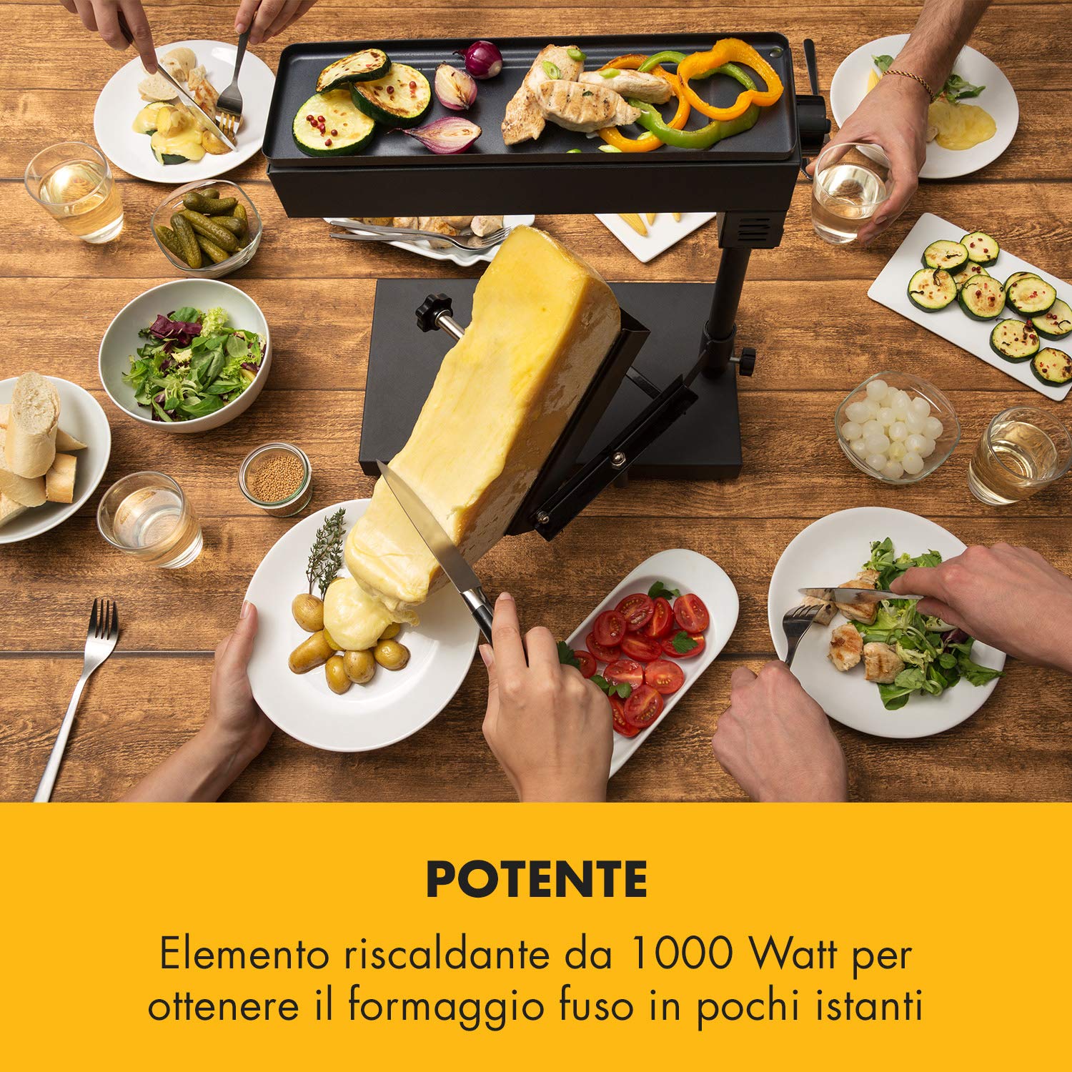 Klarstein Griglia per Raclette con Vassoio in Acciaio Inox, Piastra Raclette Formaggio Rotabile e Regolabile 1000W, Piastra Elettrica per Grigliare Carne e Formaggio, Piastra Grill per Interni