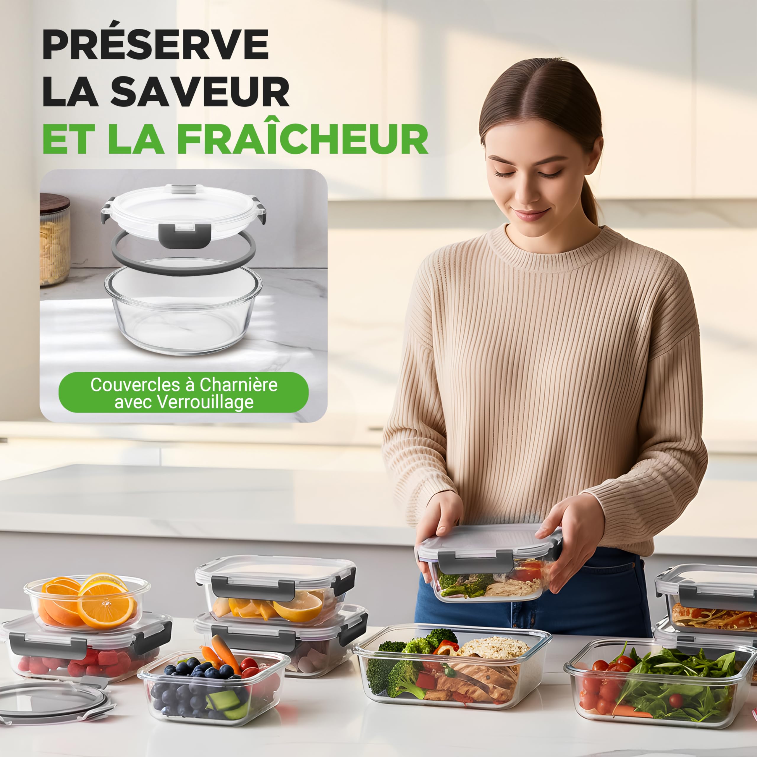 Nutrichef Ensemble de 12 Bocaux en Verre avec Couvercles Hermétiques – Récipients Empilables pour Meal Prep – Boîtes de Rangement Alimentaire en Verre avec Couvercle