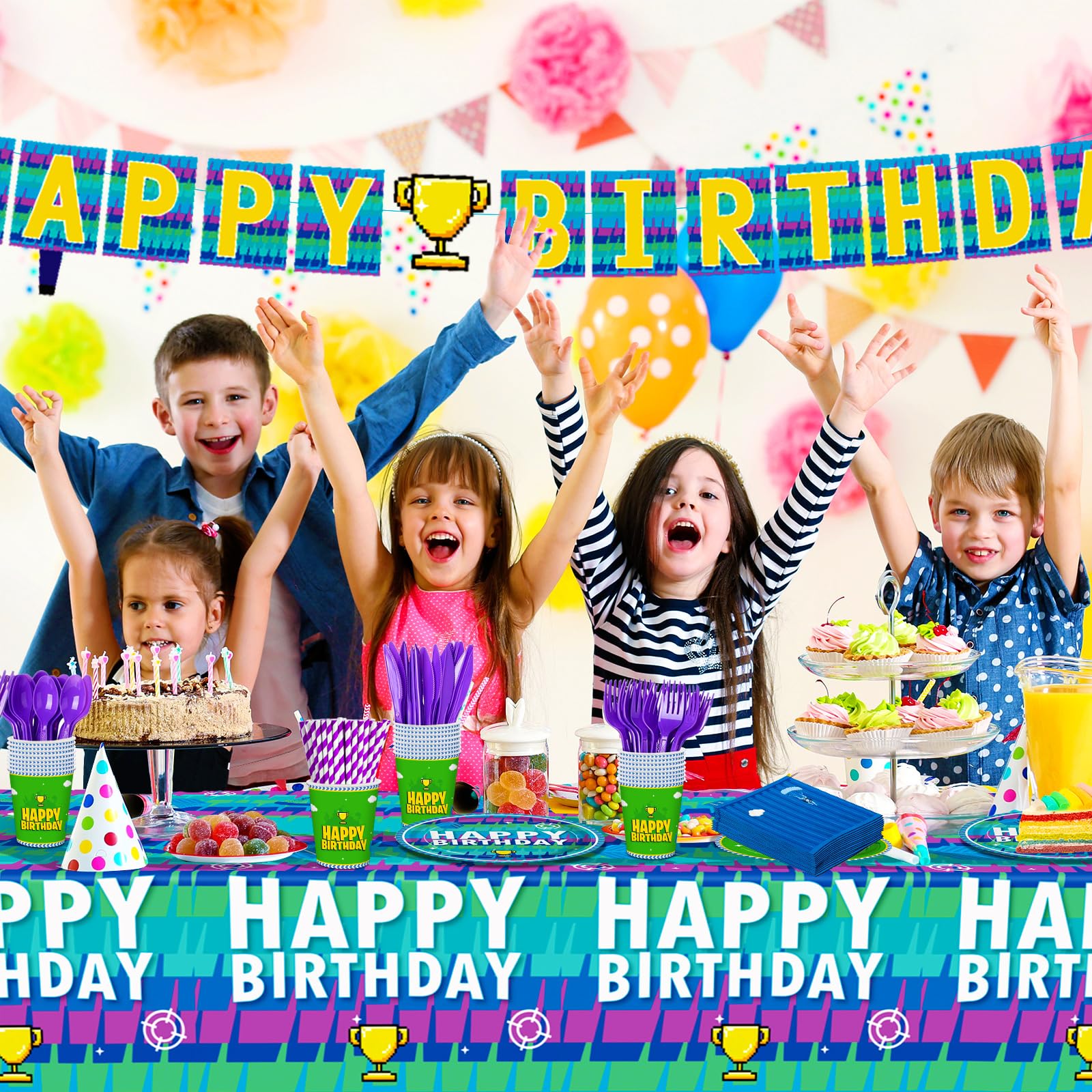 Juego de 194 piezas de decoración de fiesta de cumpleaños de videojuegos, platos de noche, servilletas, temática de llama, vasos de papel, mantel, suministros de fiesta de videojuegos para niños