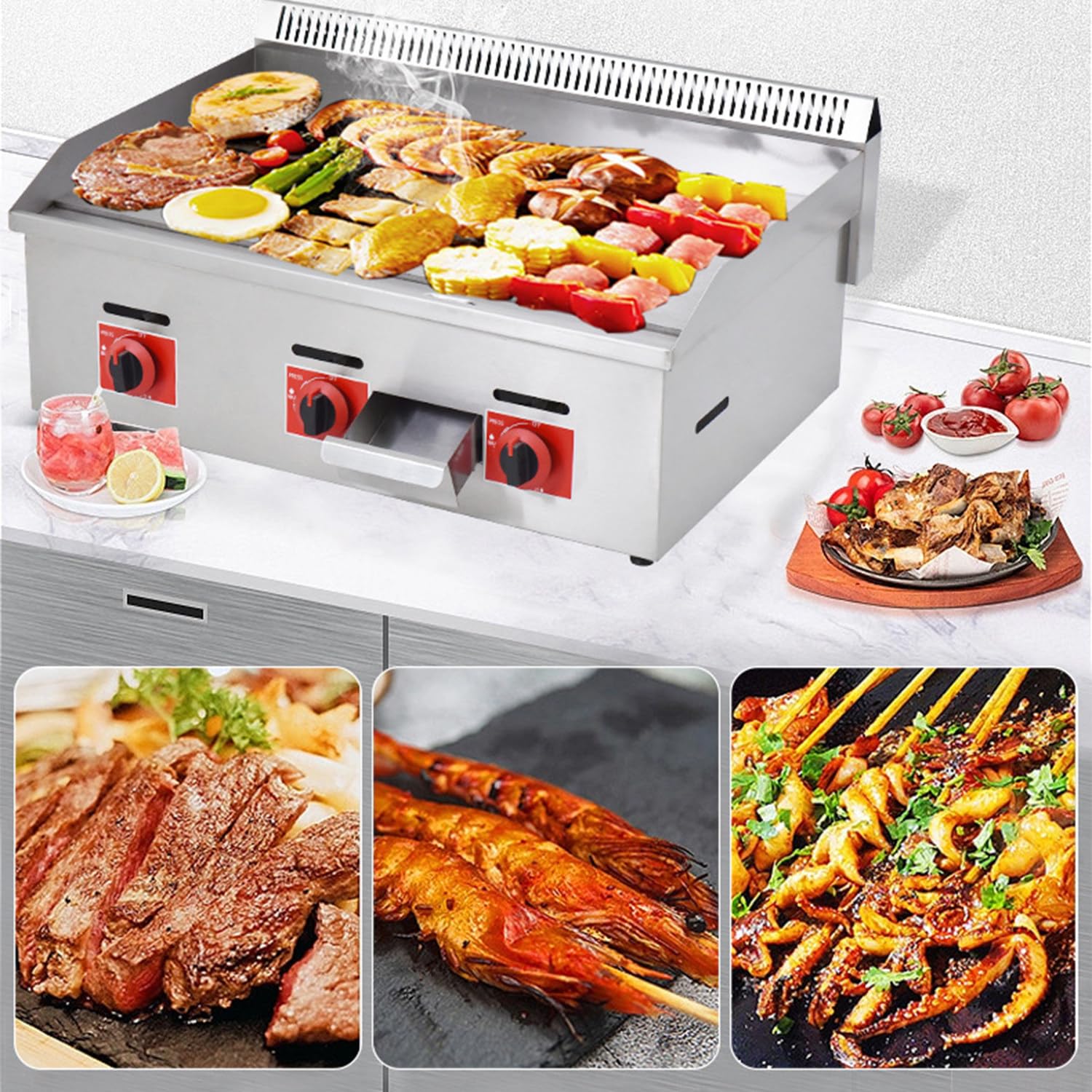 grande piastra antiaderente in acciaio inox, piastra a gas, griglia da banco commerciale, padelle per la cucina, friggitrice per uova alla pancetta del barbecue