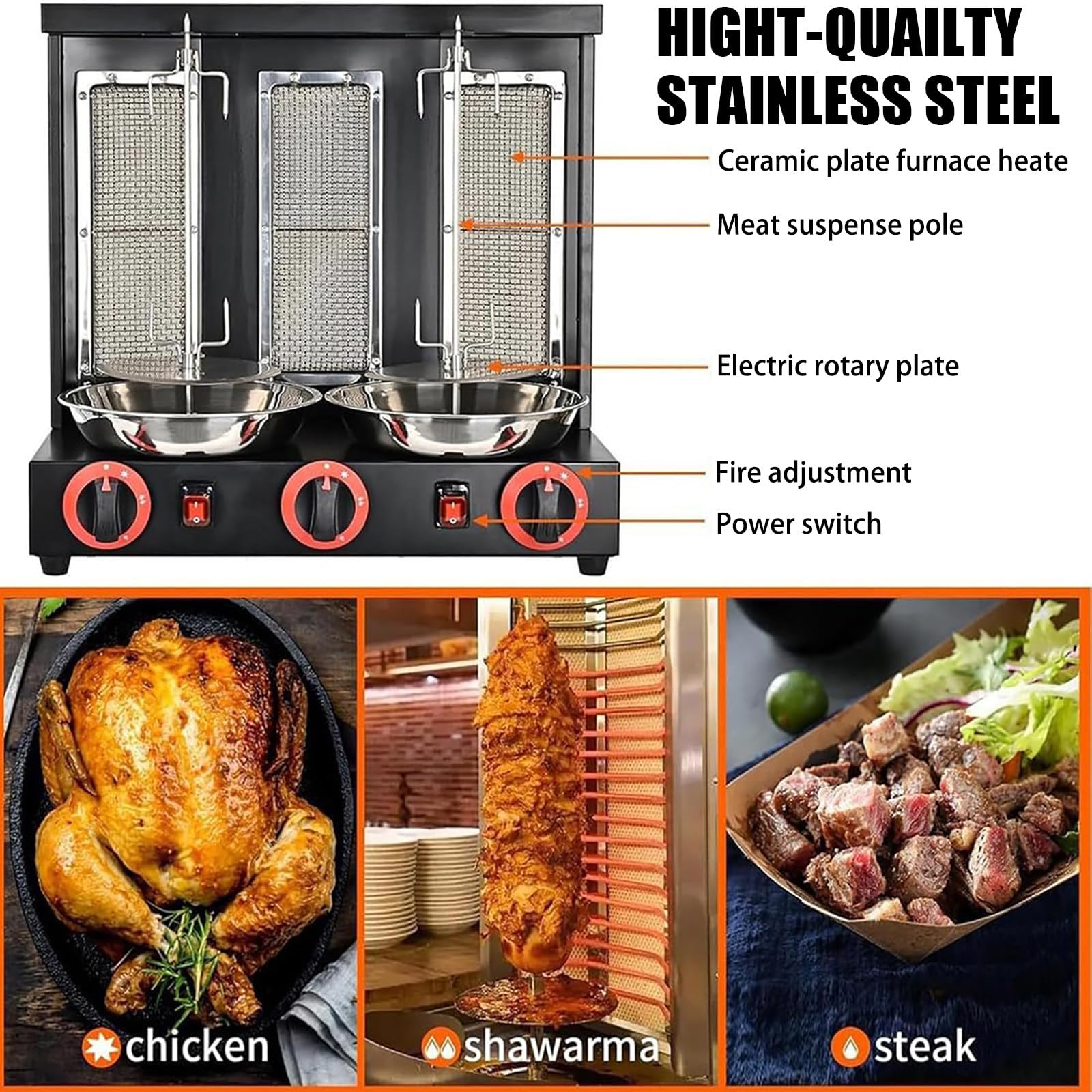 Parrilla De Gas para Kebab, Horno De Barbacoa Vertical Giratorio De 360°, MáQuina para Hacer Kebab De Pavo Sin Humo con Interruptor De Ajuste De Temperatura, para Cocina,Silver-L