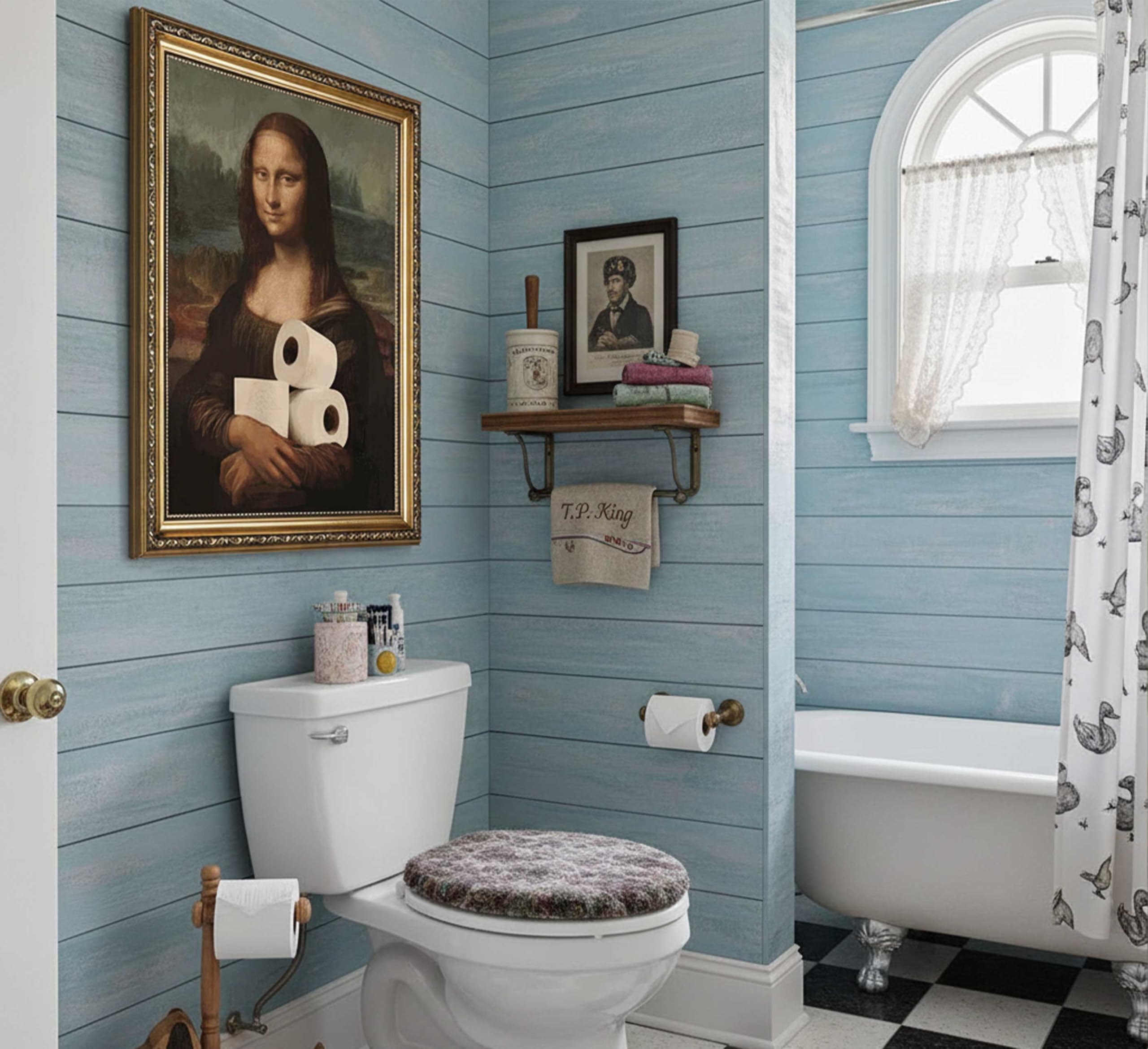 Stampa artistica da parete con cornice divertente Monna Lisa per bagno, stile vintage, moderno, umorismo, parodia di Monna Lisa, decorazione da parete, poster per ufficio, bagno, studio, decorazione