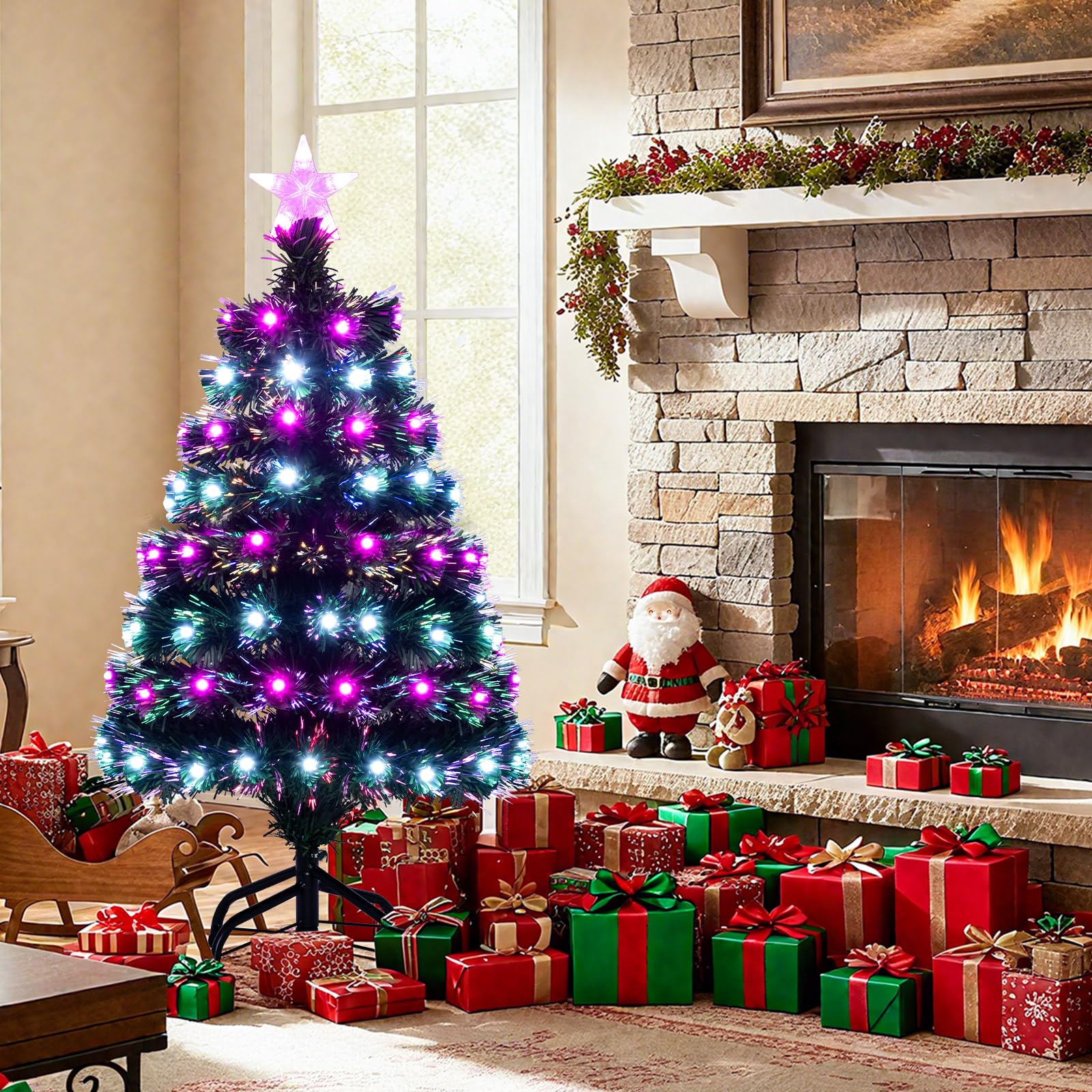 Albero di Natale Artificiale Illuminato da 93 cm, Albero di Natale con Fibre Ottiche Multicolore, 96 Luci LED Viola e Bianche, 8 Modalità, 96 Punte di Rami in PVC, Stella sulla Cima, Base Metallica
