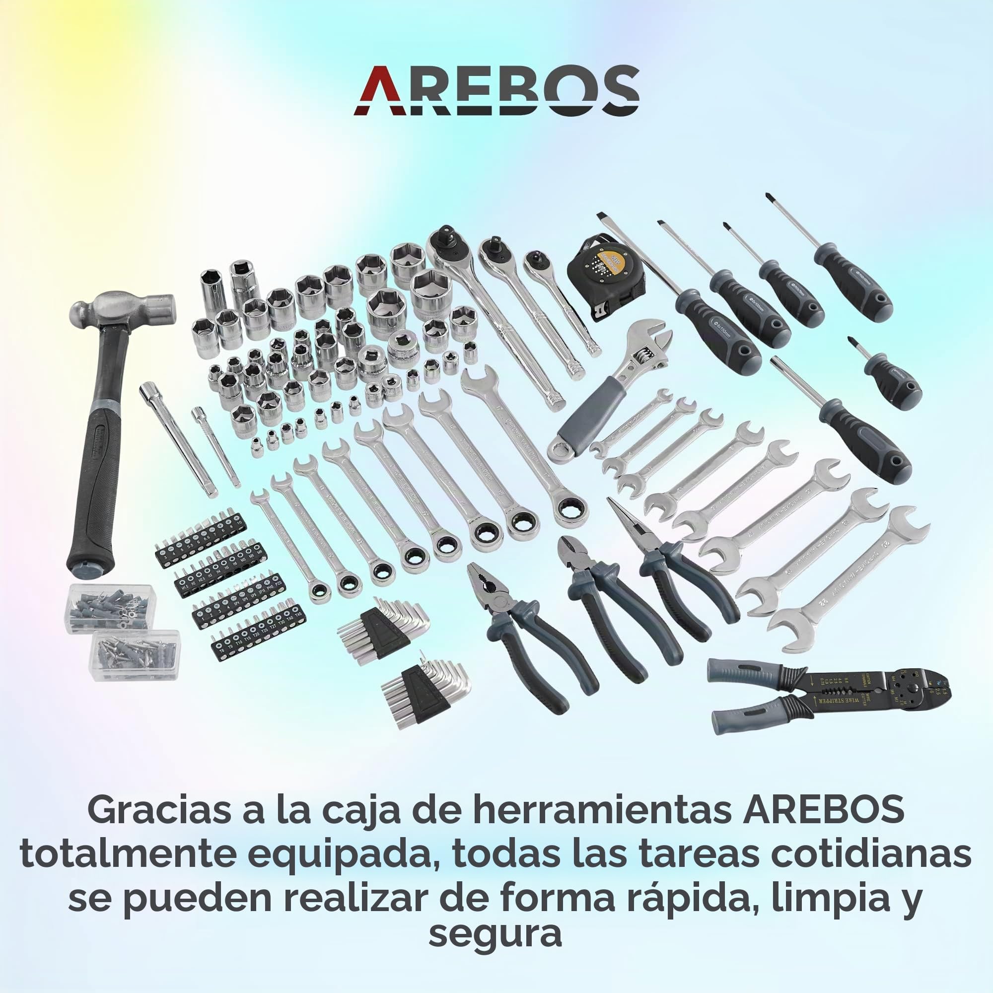 Arebos Caja de Herramientas Incl. Juego de Herramientas de 172 Piezas de Cromo vanadio | para el hogar, Garaje y Taller | Caja de Herramientas Equipada con 3 cajones | con Cerradura