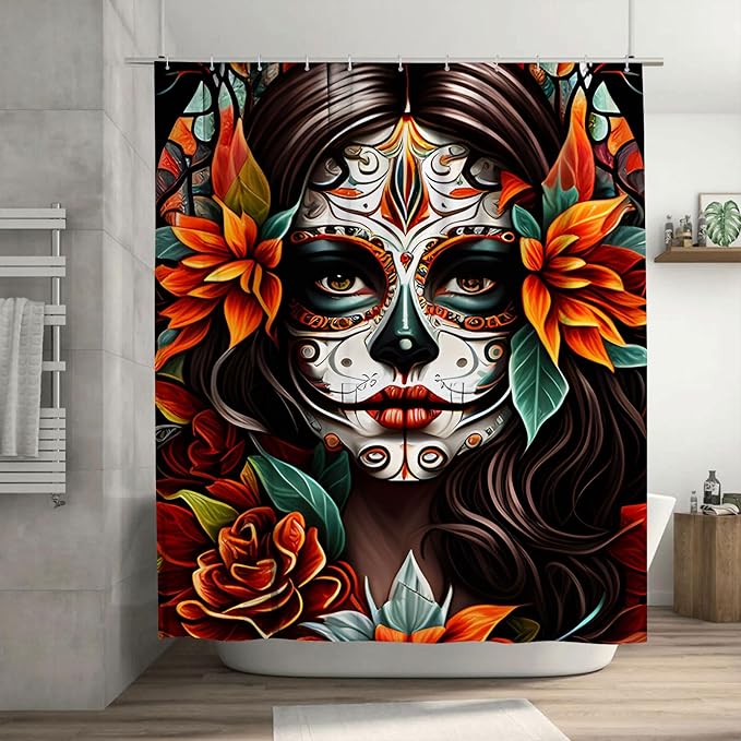 Day of The Dead Shower Curtain, Abstract Modern Monochromatic Painting Print of Cool Sugar Skull Girl, Cloth Fabric Bathroom Decor Set with Hooks,72x72 Inches