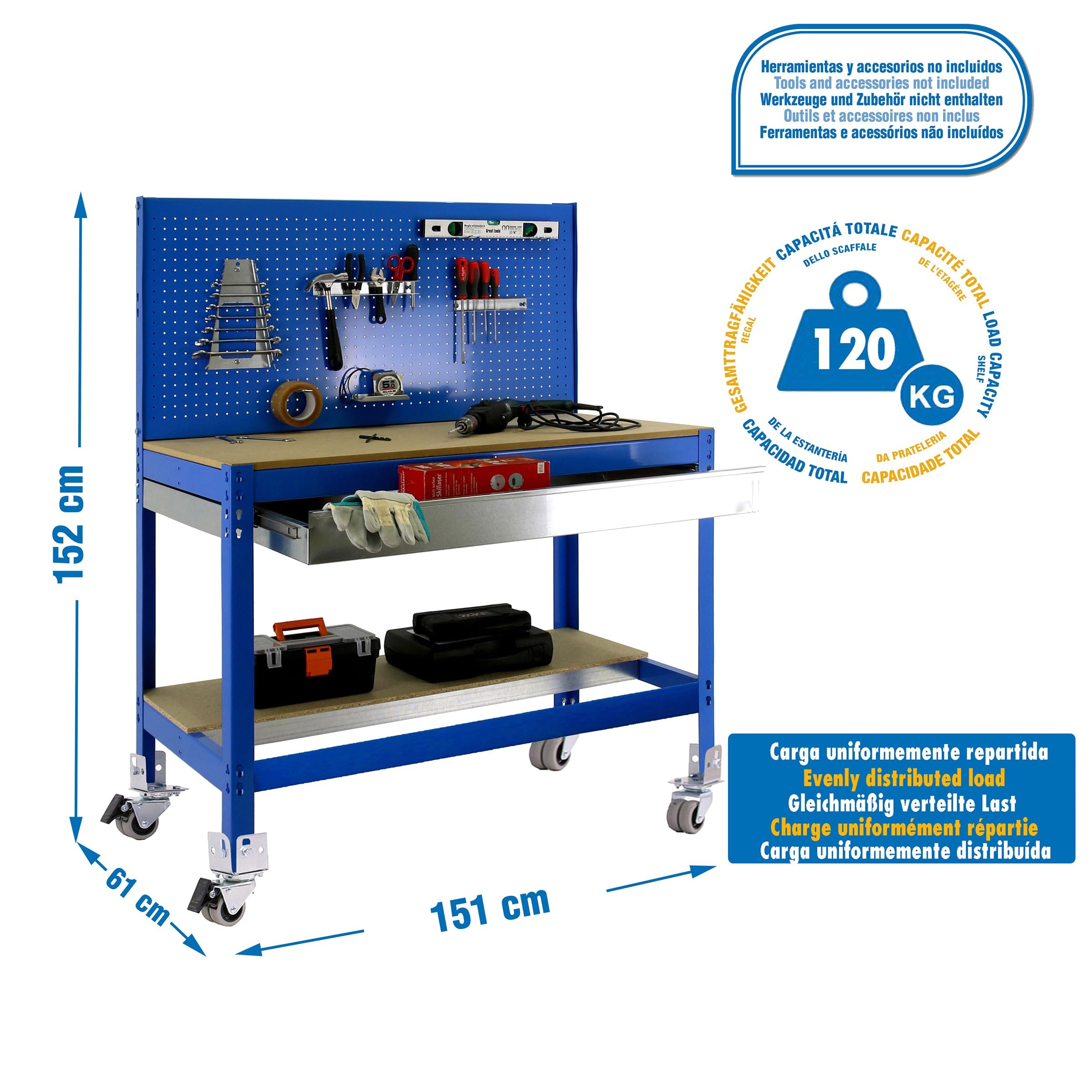 Simon Rack Banco de Trabajo Taller con Ruedas 1510x610 mm - BT2 | Panel Perforado y Cajón, Tablero madera 16 mm, Capacidad Carga 120 kg, Azul , Pintura anticorrosión, Montaje sistema clic