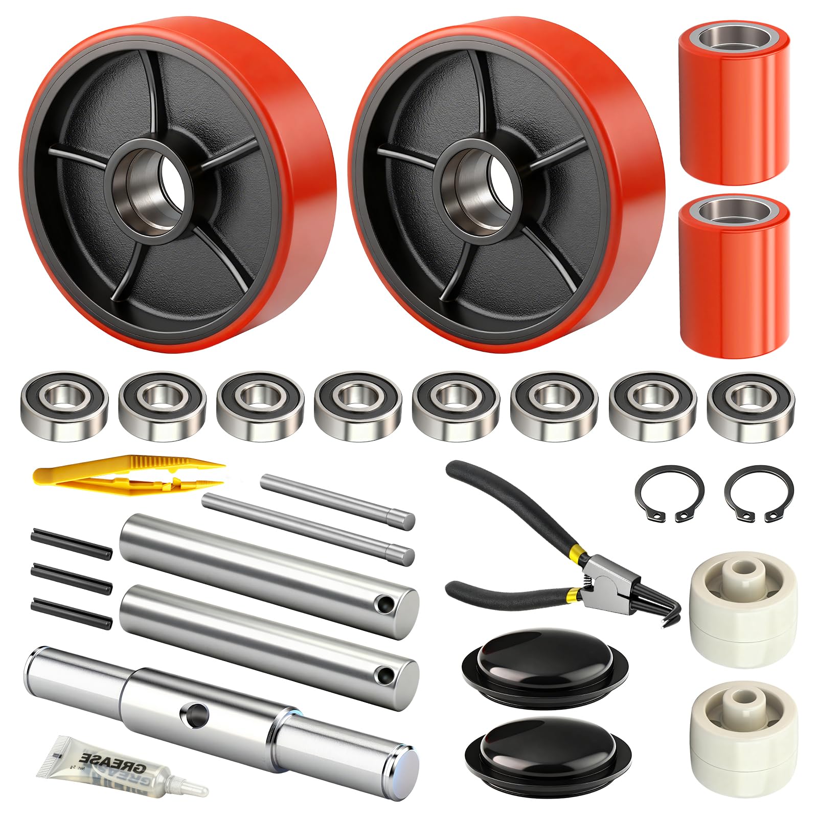GASHER Pallet Jack/Truck Steering Wheels Set with Axle, Steering Wheels 7"x 2" Pair, Front Load Roller 3" x 3.75" Pair with Bearings,for Most Hand Pallet Jacks