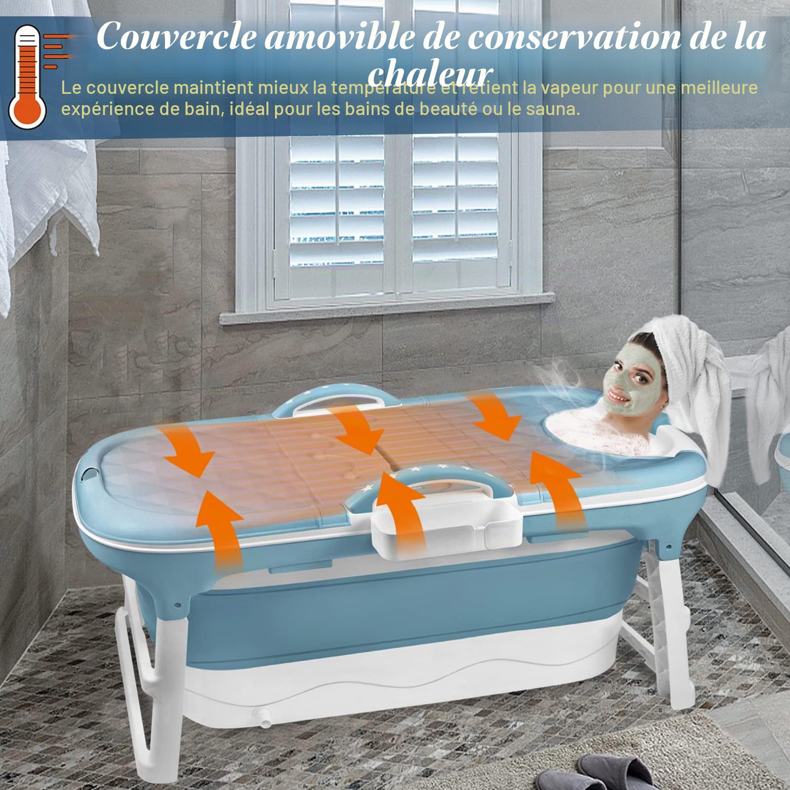 LARS360 Baignoire pliante pour adulte - Baignoire de voyage pliante avec couvercle amovible - Porte-savon, rouleaux de massage, baignoire mobile pour petite salle de bains (118 x 62 x 53 cm)