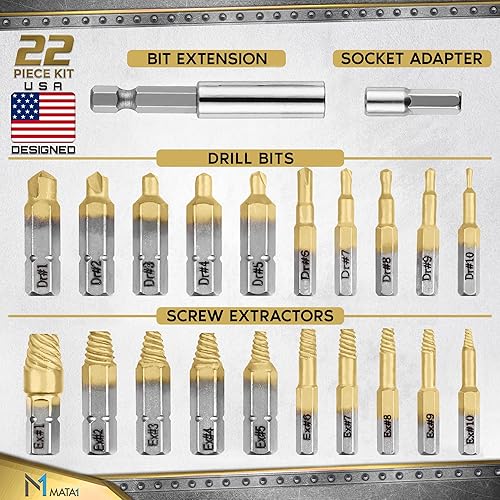 Miniatura 2 de Juego extractor de tornillos de titanio para tornillos pelados, rotos y dañados - 22 piezas, plata y oro - Kit removedor con brocas, extractores,