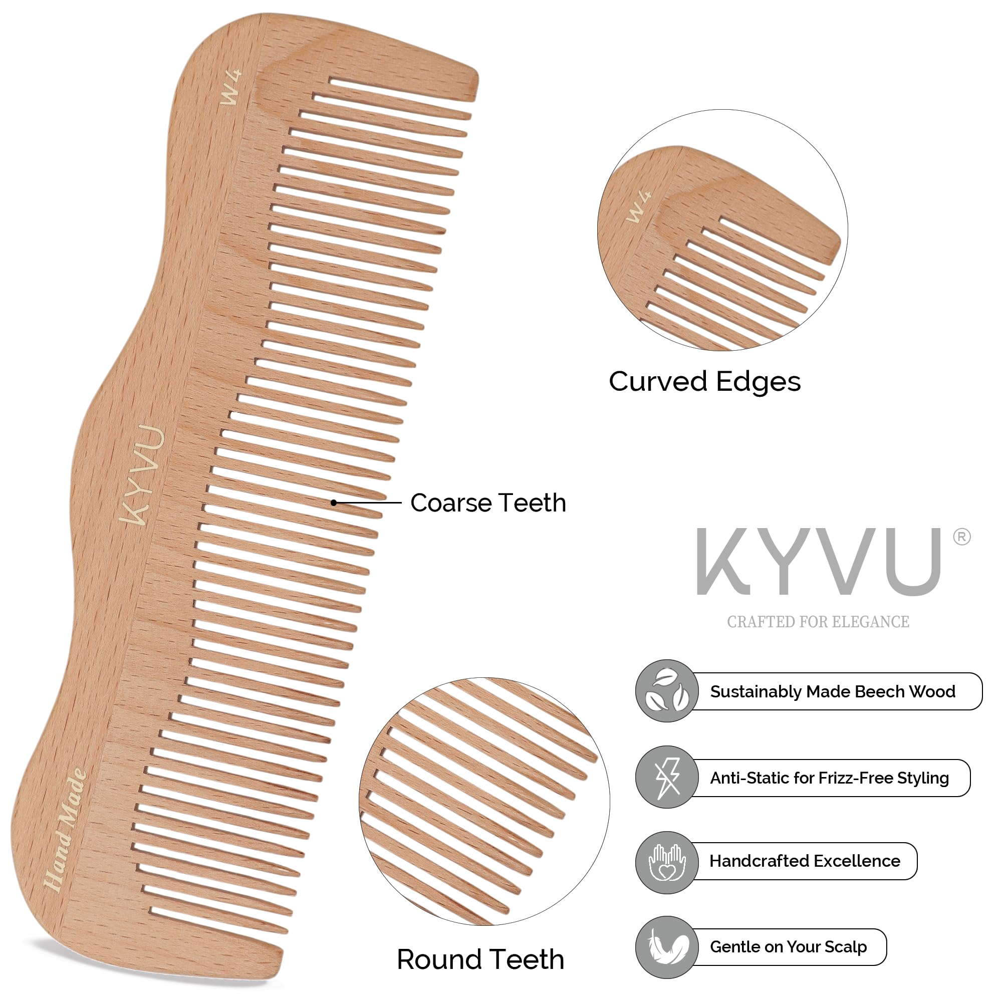 KYVU W4 Handmade 17.8 cm Coarse-Tooth Wooden Comb - Steam Beech, Natural Beech, 17.8 Centimeters - Image 2