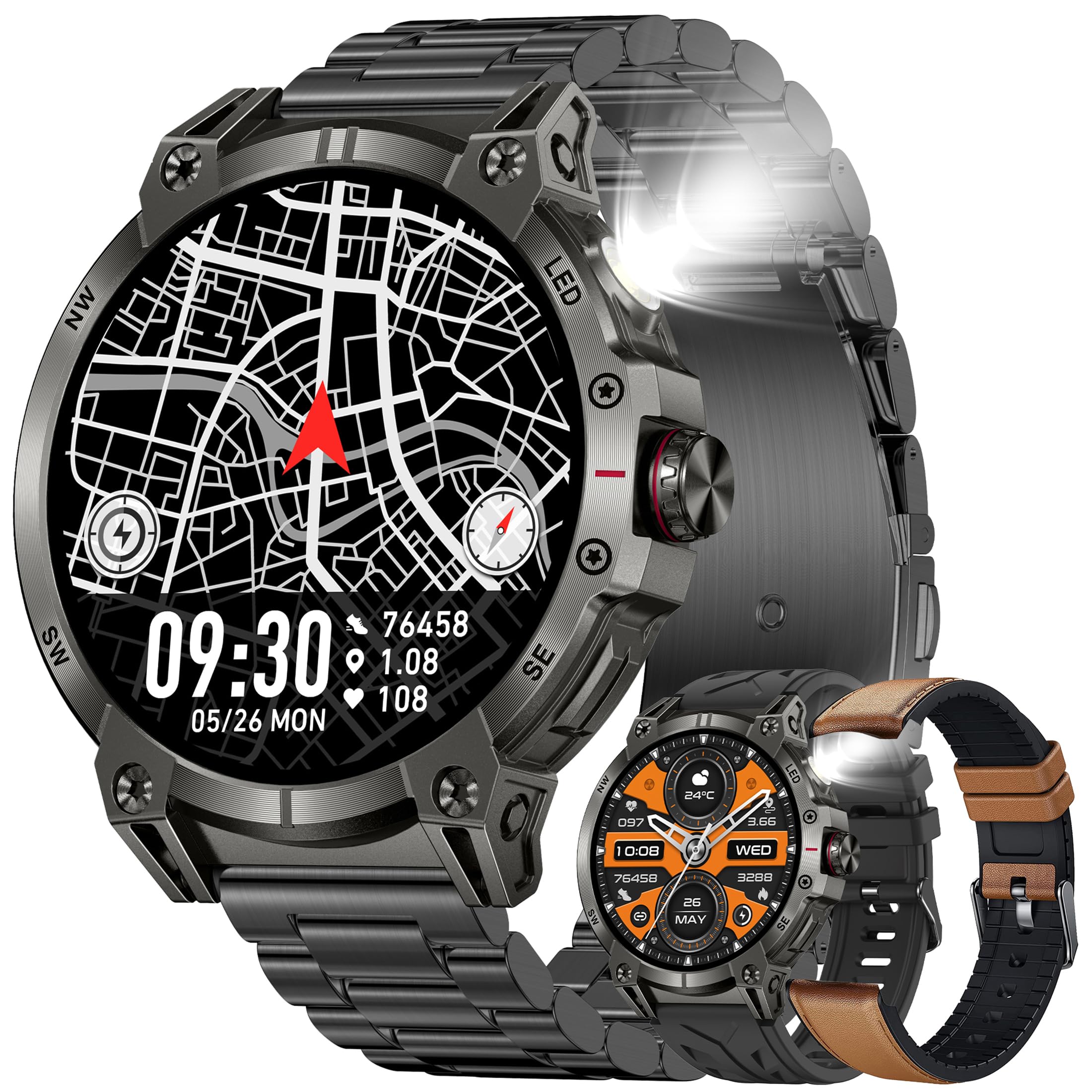 Reloj inteligente AMOLED 1,85 pulgadas para hombre con teléfono, linterna, 5 ATM, rastreador de actividad 123 modos deportivos, presión arterial, monitor de sueño, podómetro