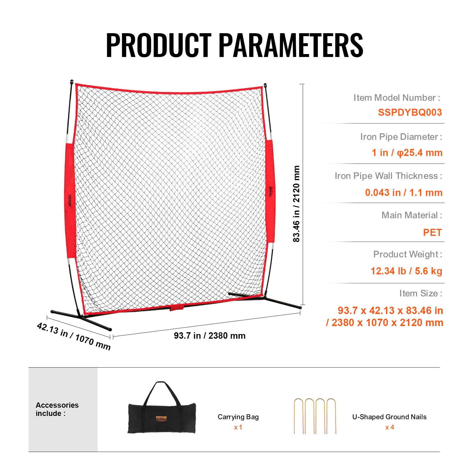 VEVOR Filet d'Entraînement de Baseball Softball 238x212 cm, Filet de Protection Pare-Ballons Portable avec Sac de Transport, Équipement d'Entraînement pour Receveur Crosse, Football, Hockey, Jardin