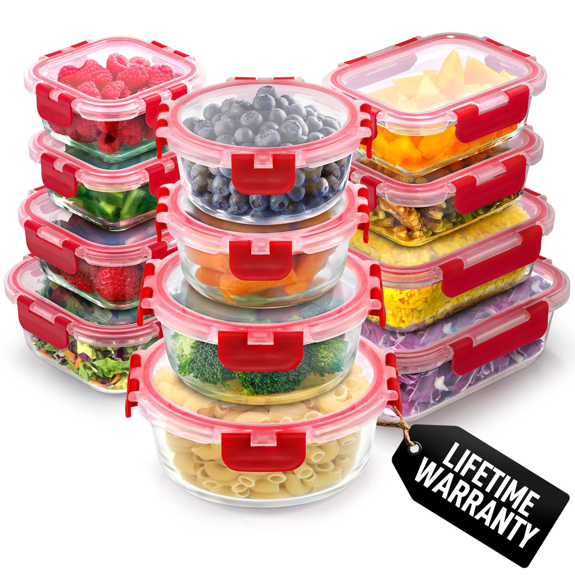 Zulay Kitchen Red Glass Containers With Lids 12-Pack, Freezer Safe Food Glass Tupperware Set - Meal Prep Containers Set With Lids - Borosilicate Lunch Containers, Microwave & Oven Safe